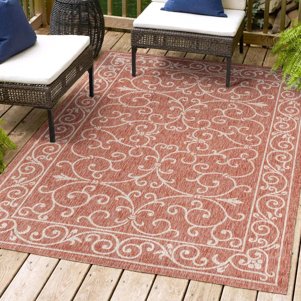 5' X 8' Red And Beige Medallion Indoor Outdoor Area Rug Homeroots Outdoor