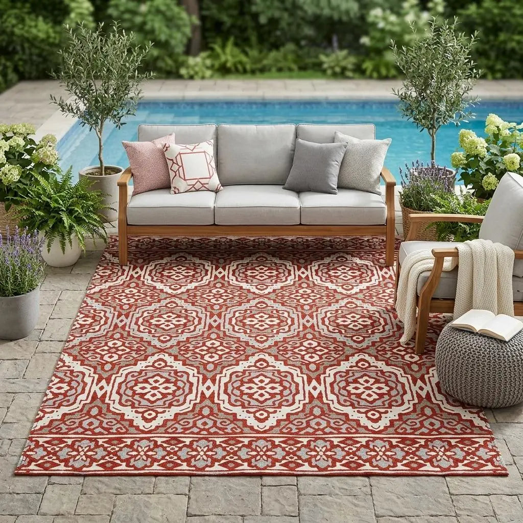 5' X 8' Red And Denim Blue Tribal Washable Indoor Outdoor Area Rug Homeroots Outdoor