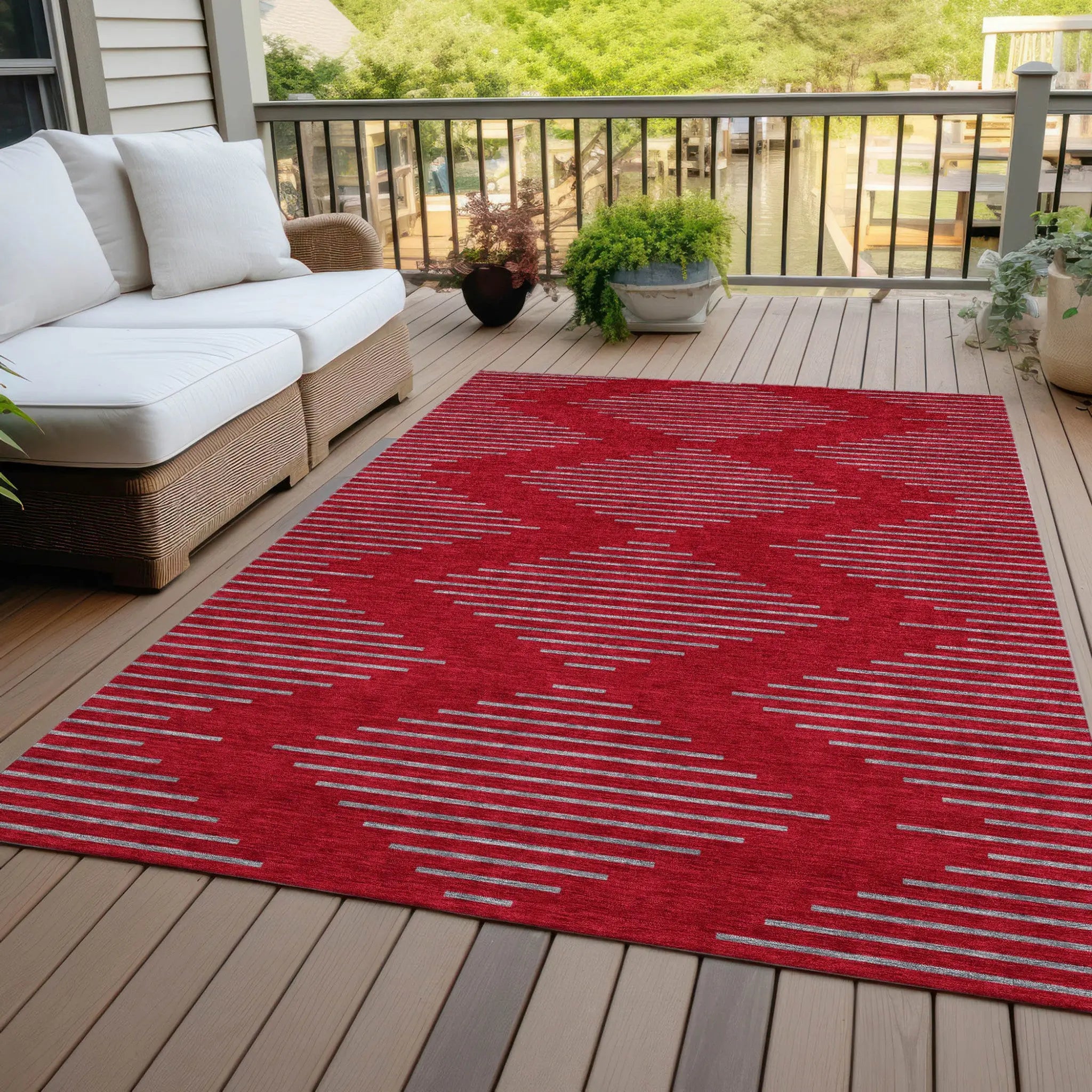 5' X 8' Red And Gray Geometric Washable Indoor Outdoor Area Rug Homeroots Outdoor