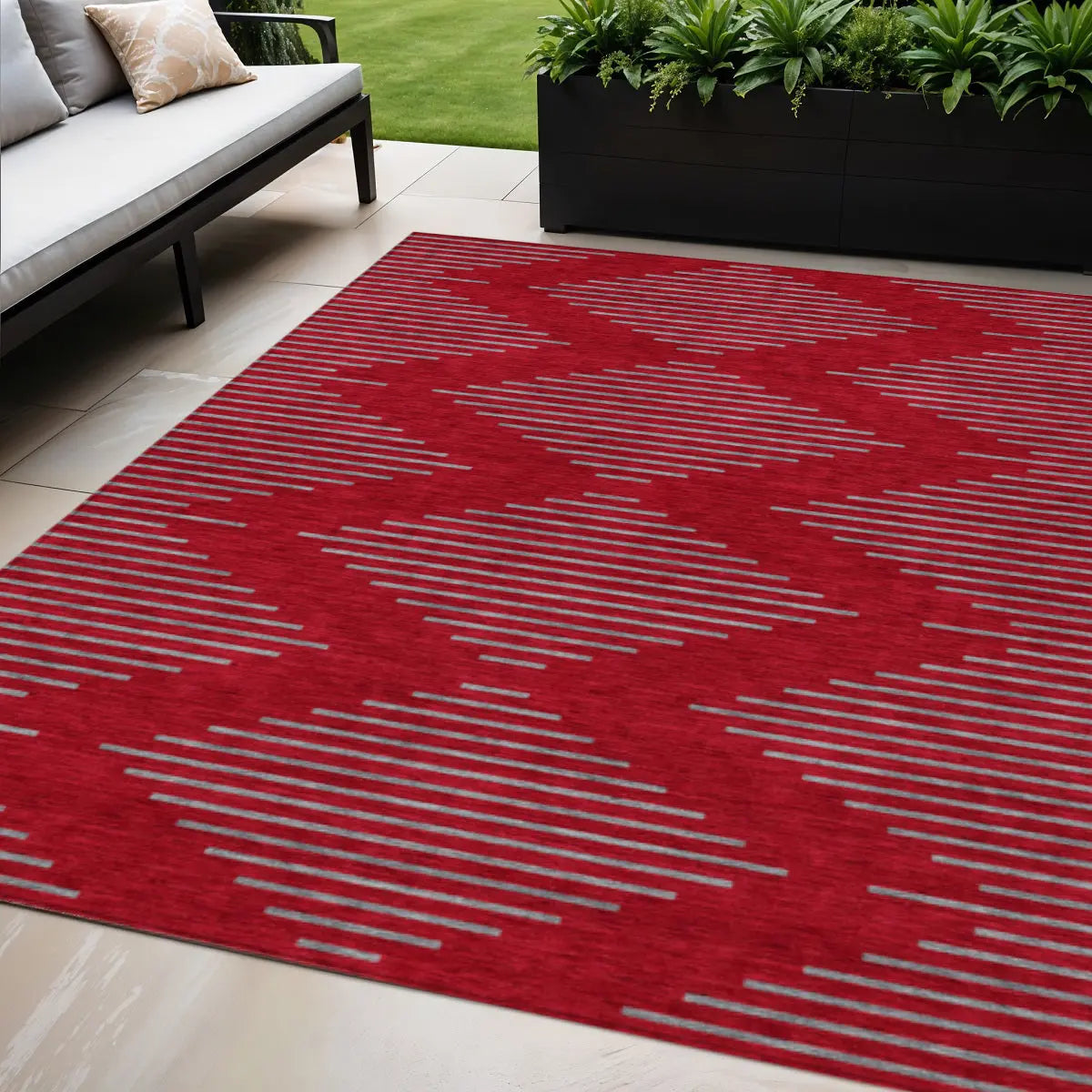 5' X 8' Red And Gray Geometric Washable Indoor Outdoor Area Rug Homeroots Outdoor