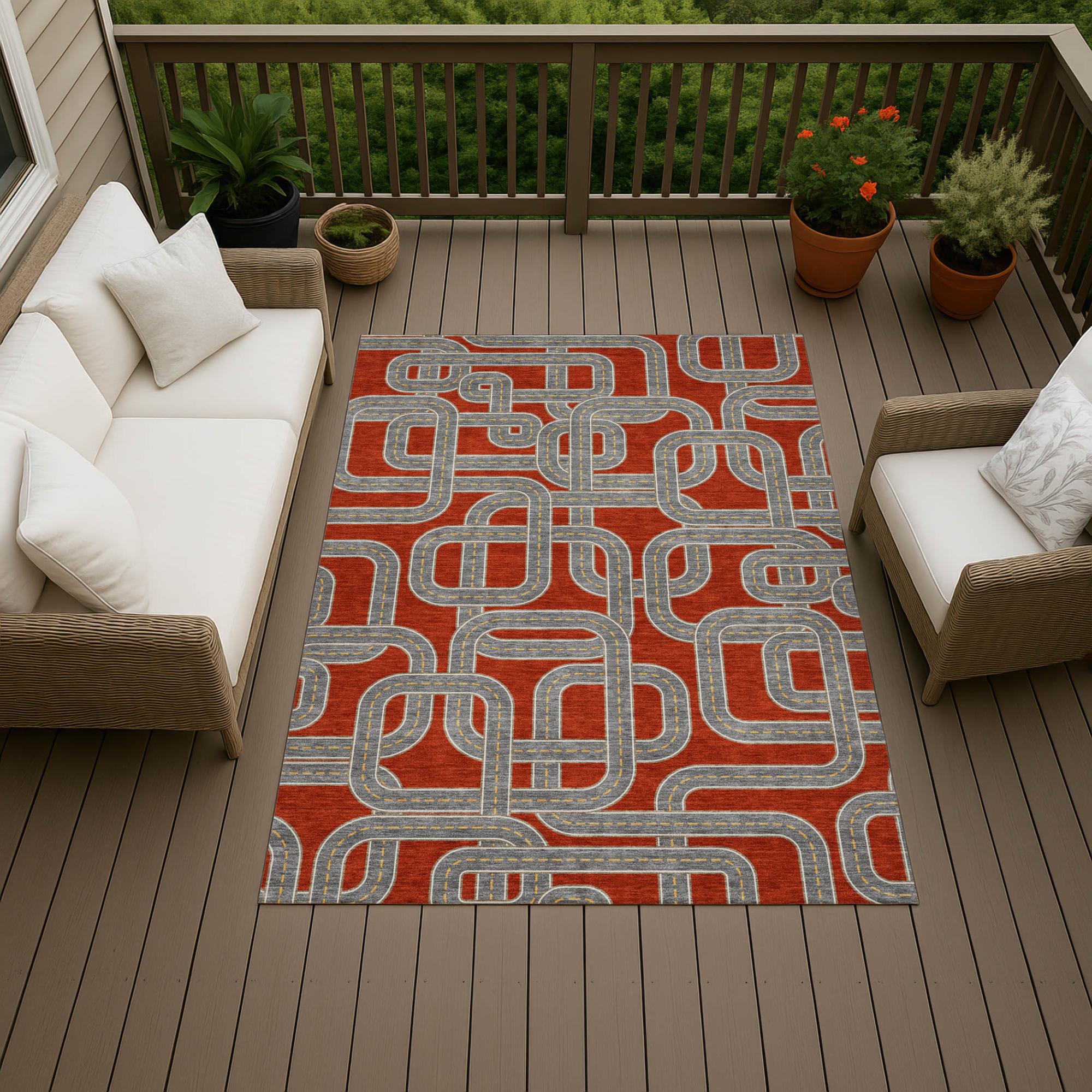 5' X 8' Red And Gray Geometric Washable Indoor Outdoor Area Rug Homeroots Outdoor