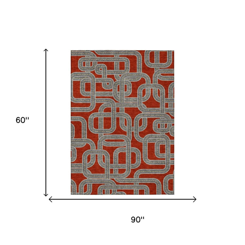 5' X 8' Red And Gray Geometric Washable Indoor Outdoor Area Rug Homeroots Outdoor