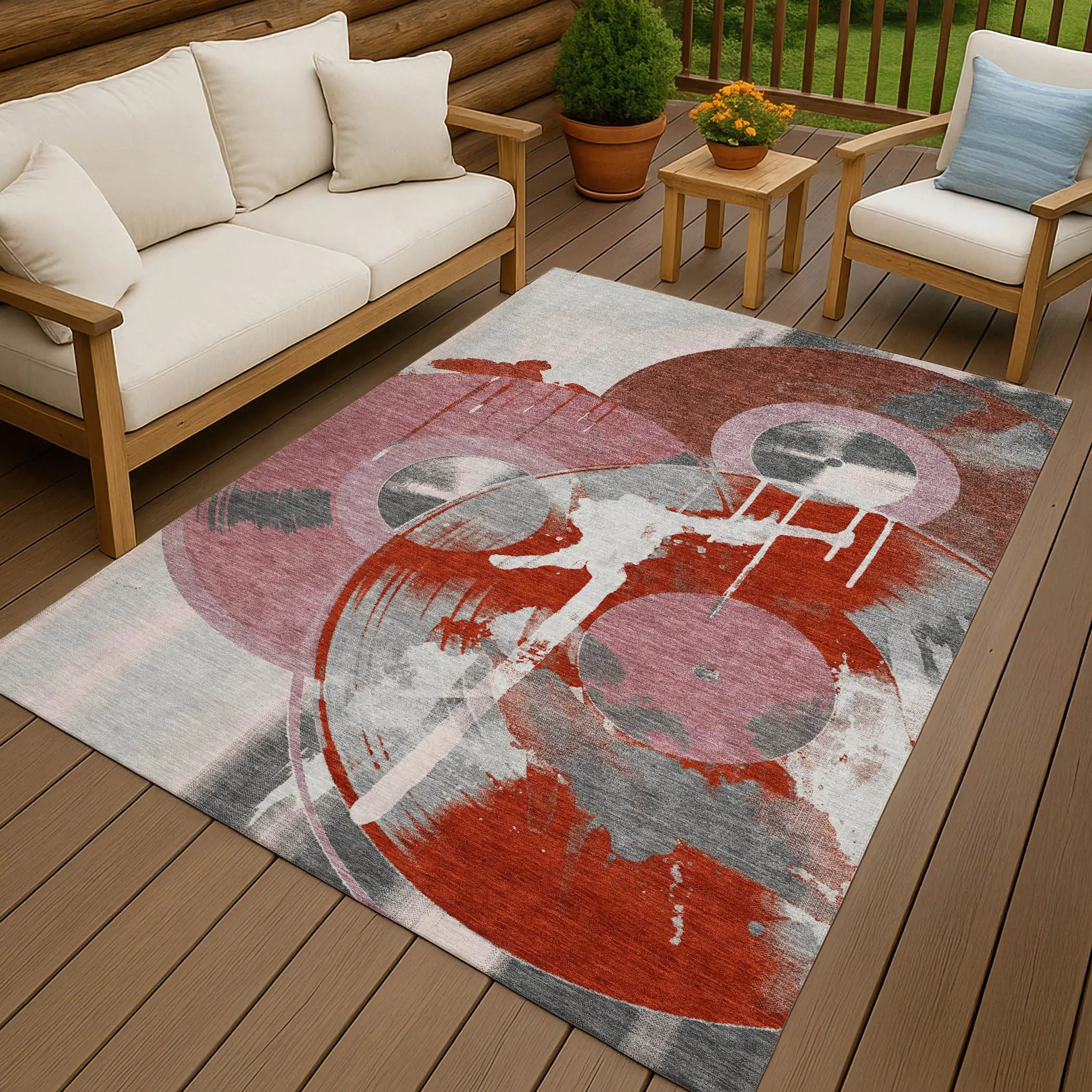 5' X 8' Red And Mauve Geometric Washable Indoor Outdoor Area Rug Homeroots Outdoor