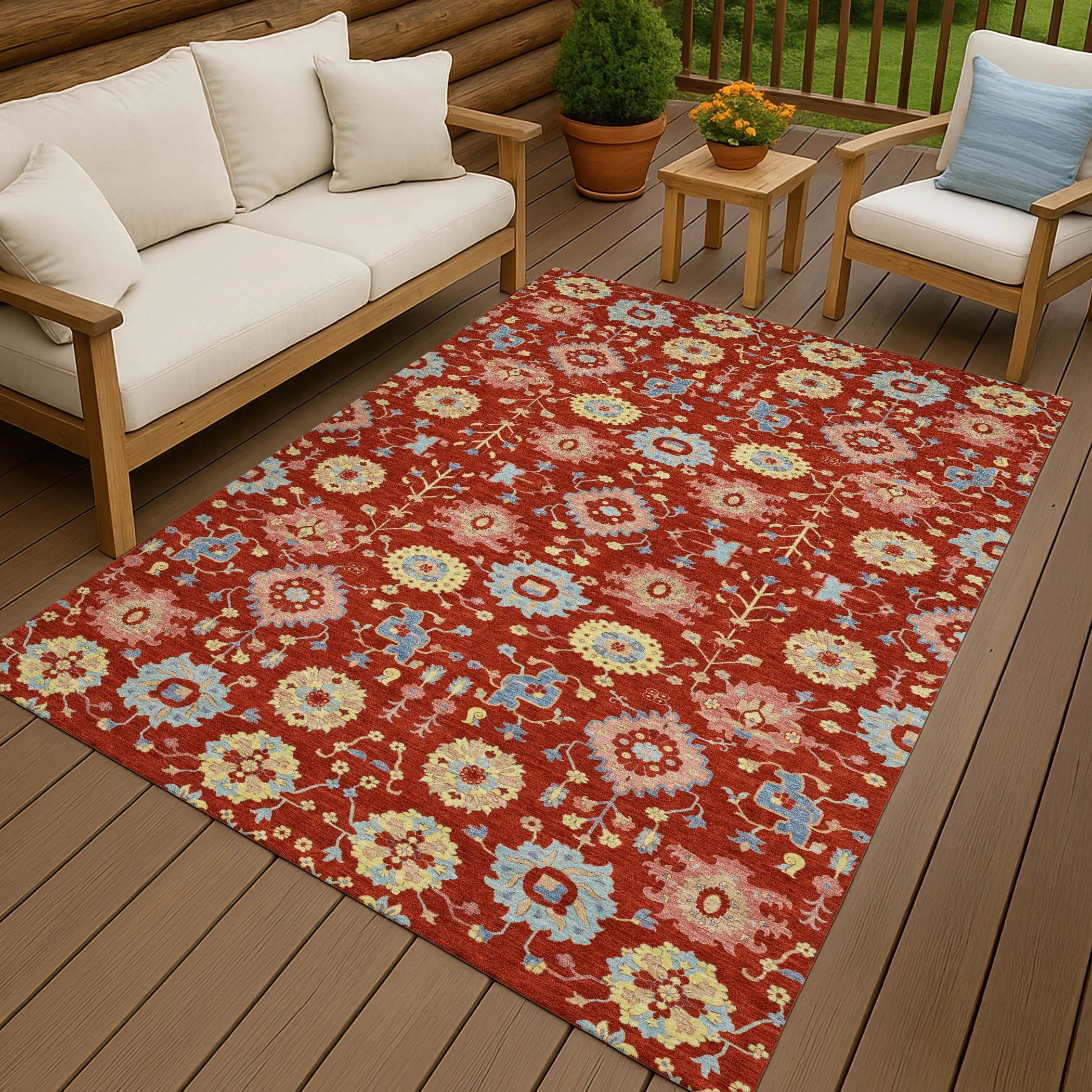 5' X 8' Red And Rust Geometric Washable Indoor Outdoor Area Rug Homeroots Outdoor