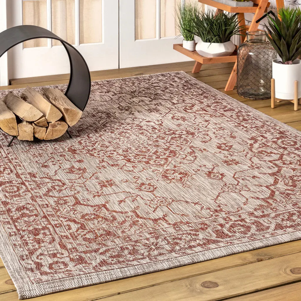 5' X 8' Red And Taupe Medallion Indoor Outdoor Area Rug Homeroots Outdoor