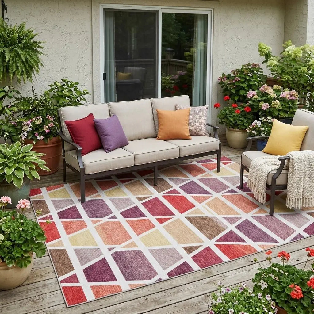 5' X 8' Red And White Geometric Washable Indoor Outdoor Area Rug Homeroots Outdoor