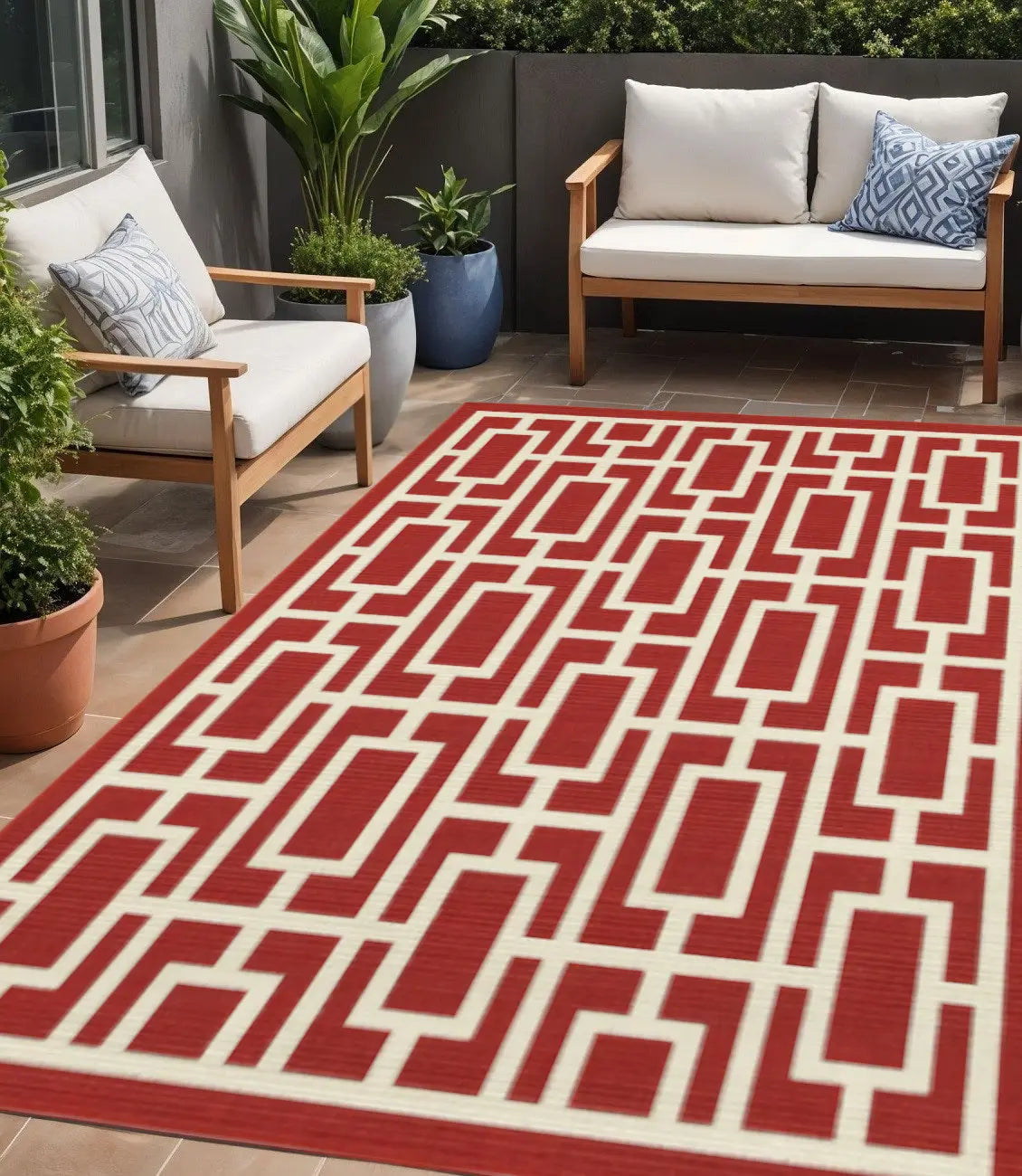 5' X 8' Red and Ivory Geometric Stain Resistant Indoor Outdoor Area Rug Homeroots Outdoor