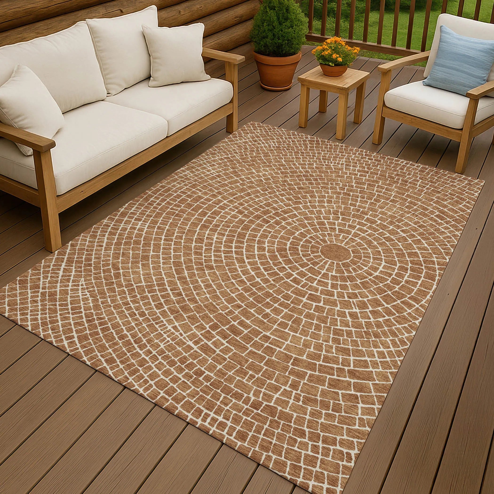 5' X 8' Rust And Ivory Geometric Washable Indoor Outdoor Area Rug Homeroots Outdoor