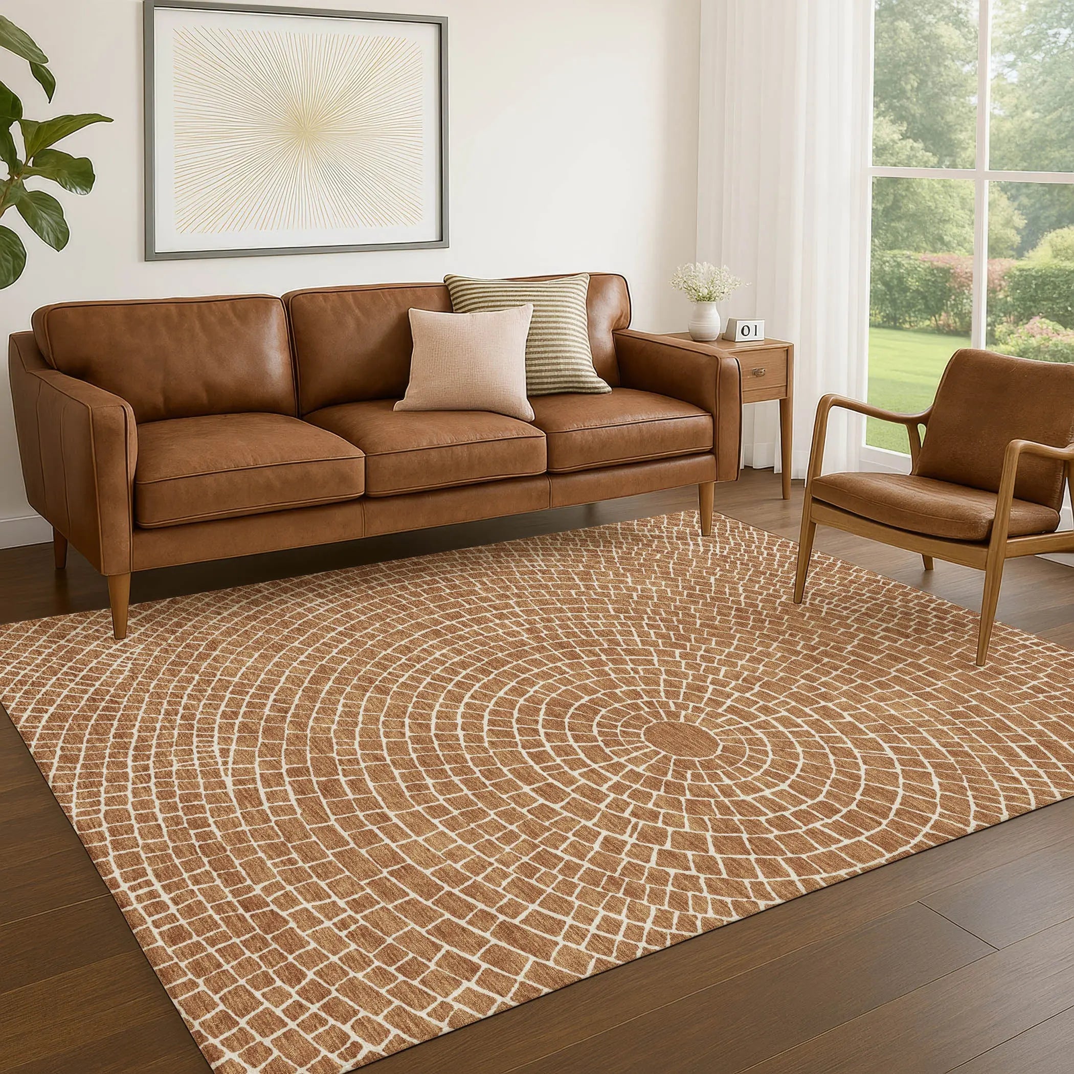 5' X 8' Rust And Ivory Geometric Washable Indoor Outdoor Area Rug Homeroots Outdoor