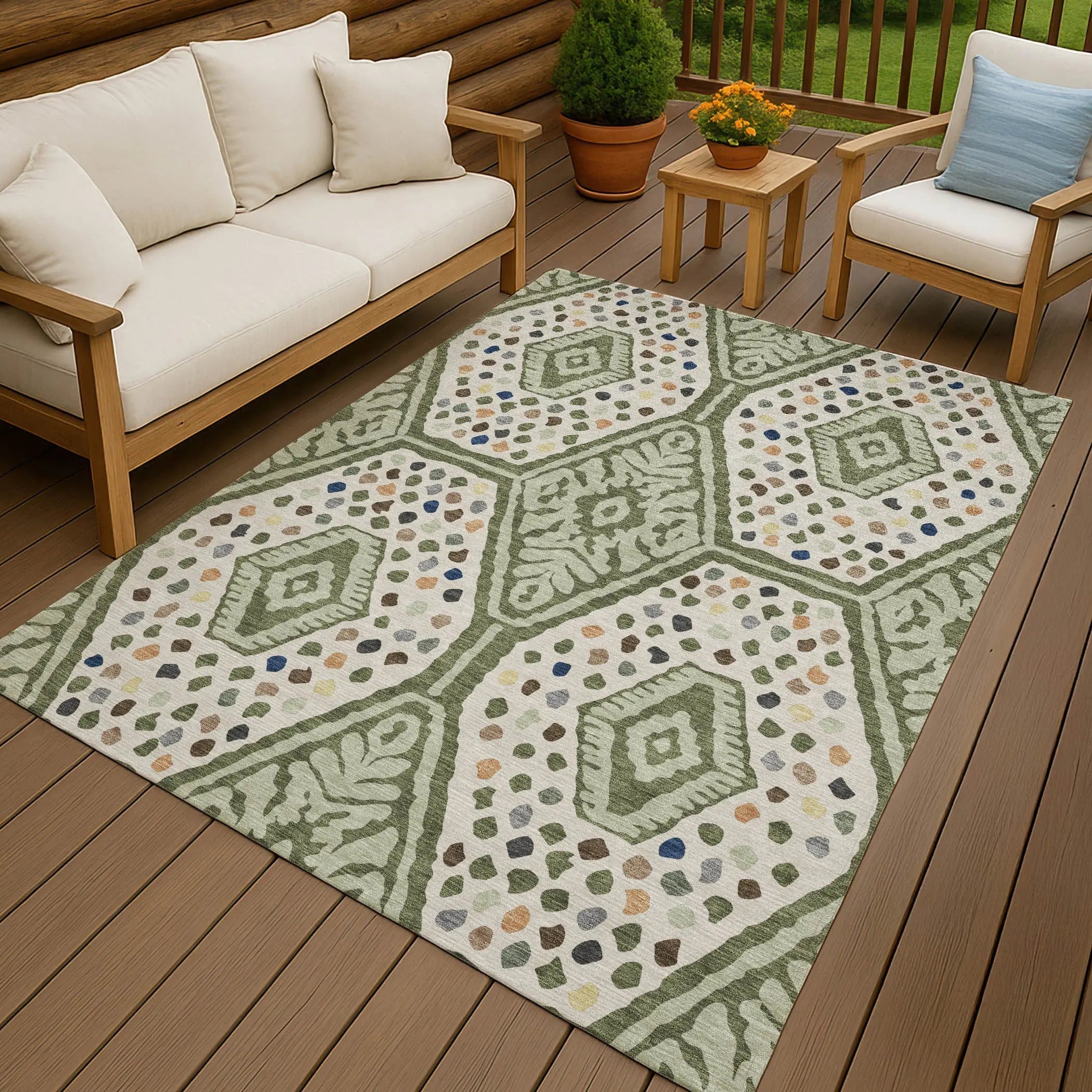5' X 8' Sage And Beige Tribal Washable Indoor Outdoor Area Rug Homeroots Outdoor