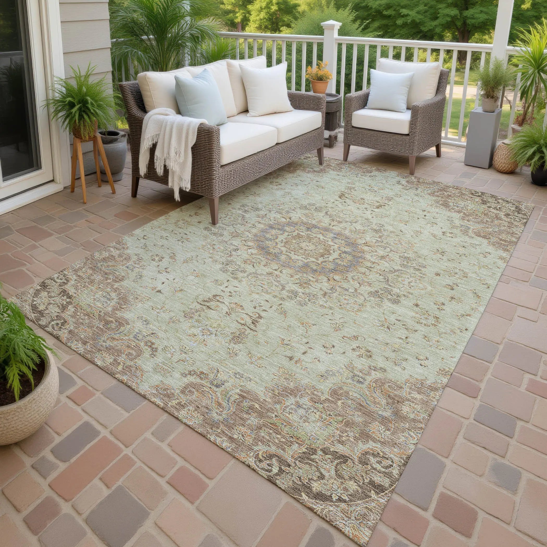 5' X 8' Sage And Brown Floral Medallion Washable Indoor Outdoor Area Rug Homeroots Outdoor