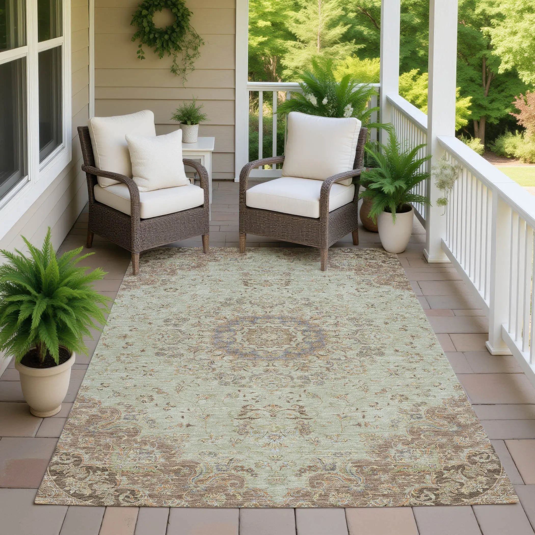 5' X 8' Sage And Brown Floral Medallion Washable Indoor Outdoor Area Rug Homeroots Outdoor