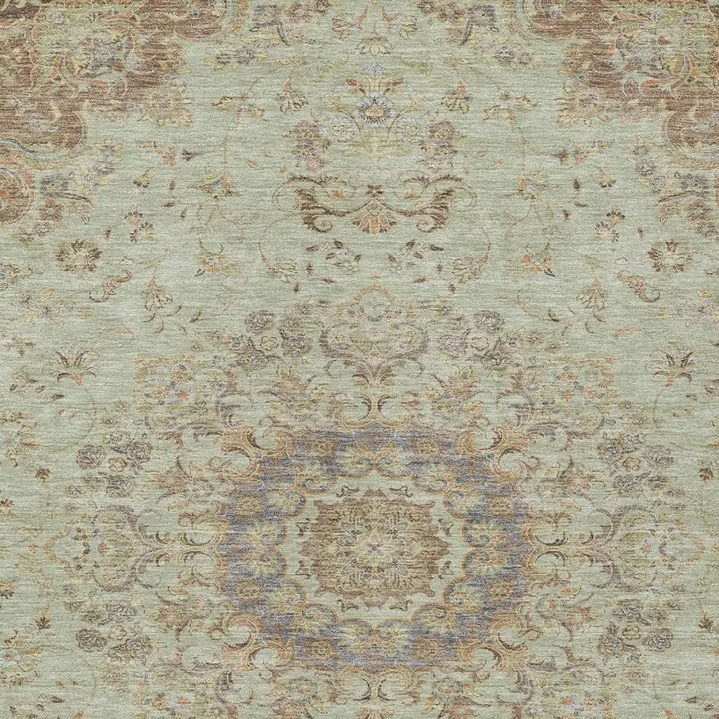 5' X 8' Sage And Brown Floral Medallion Washable Indoor Outdoor Area Rug Homeroots Outdoor