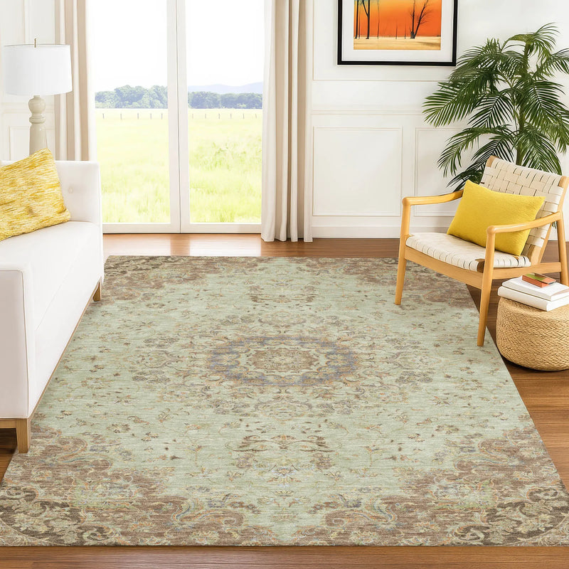 5' X 8' Sage And Brown Floral Medallion Washable Indoor Outdoor Area Rug Homeroots Outdoor