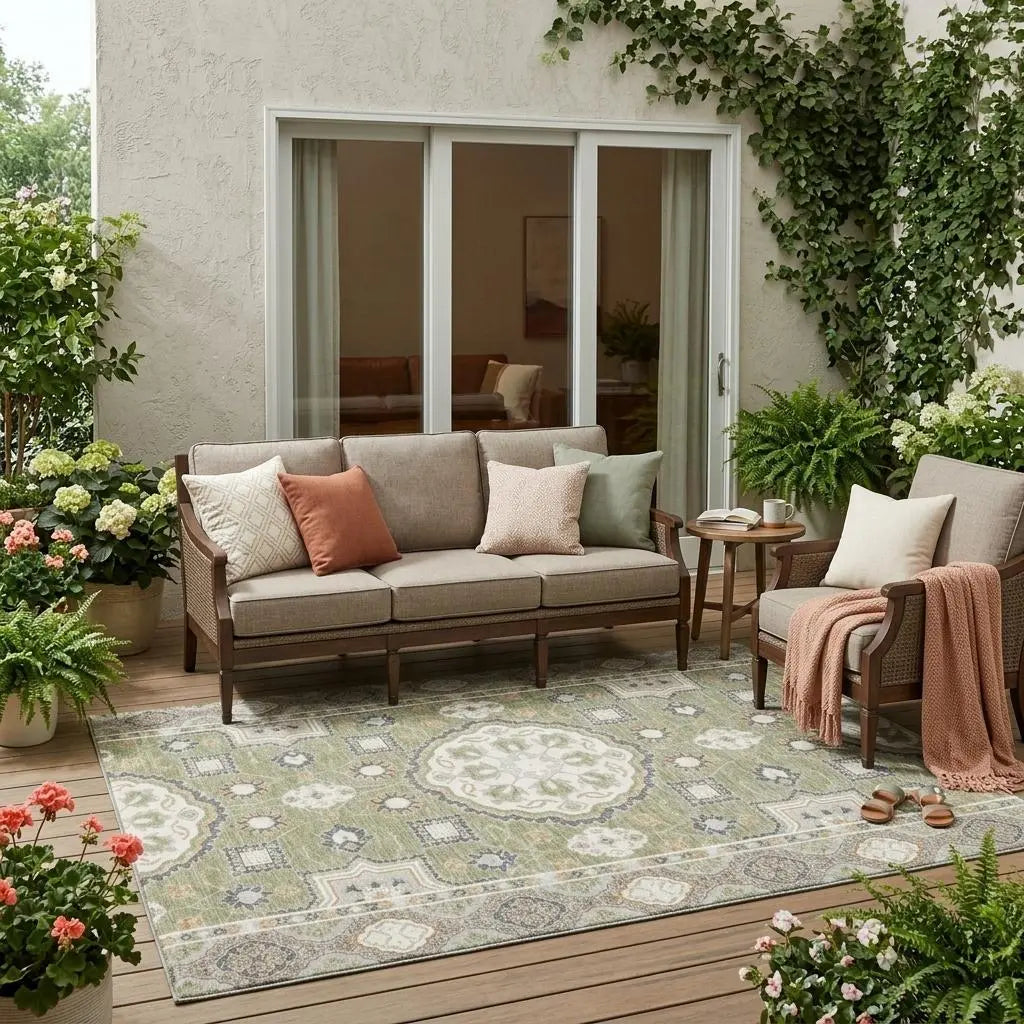 5' X 8' Sage And Green Floral Medallion Washable Indoor Outdoor Area Rug Homeroots Outdoor