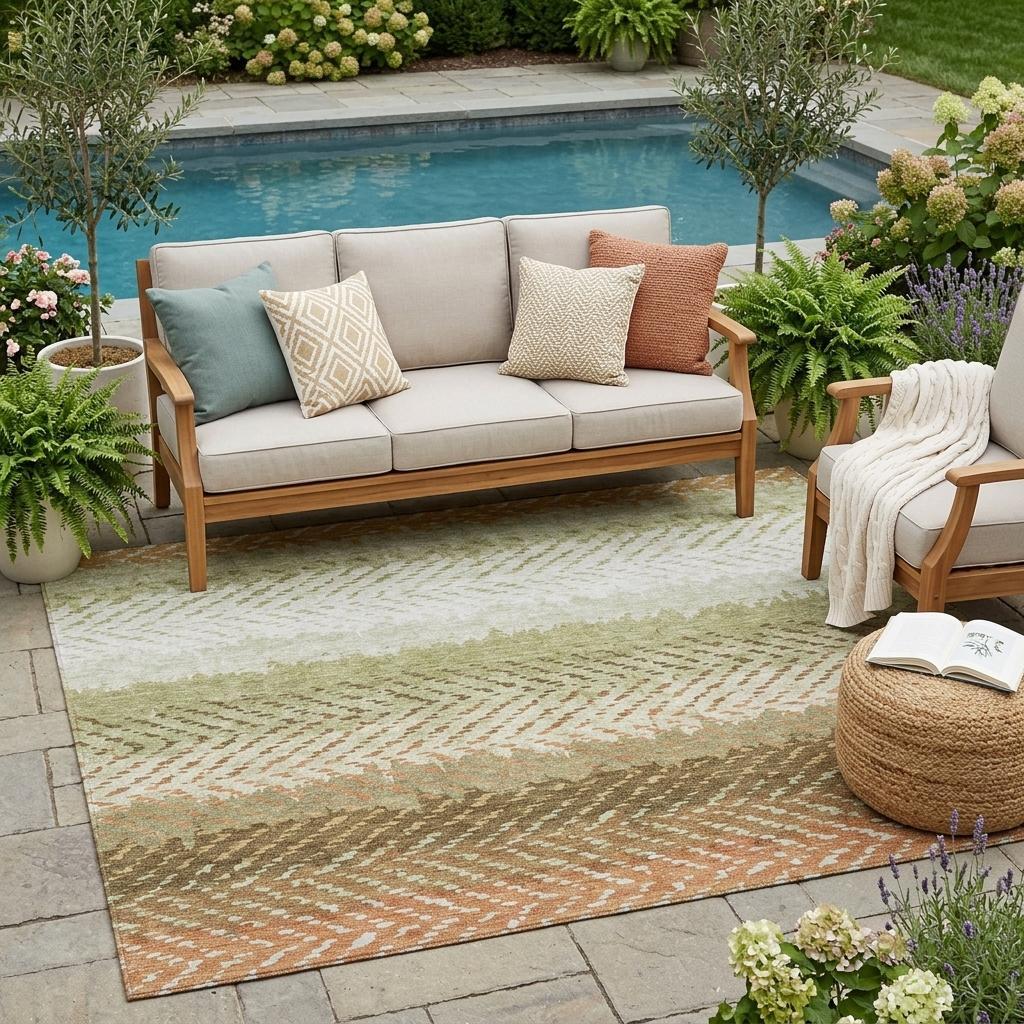 5' X 8' Sage And Green Striped Washable Indoor Outdoor Area Rug Homeroots Outdoor