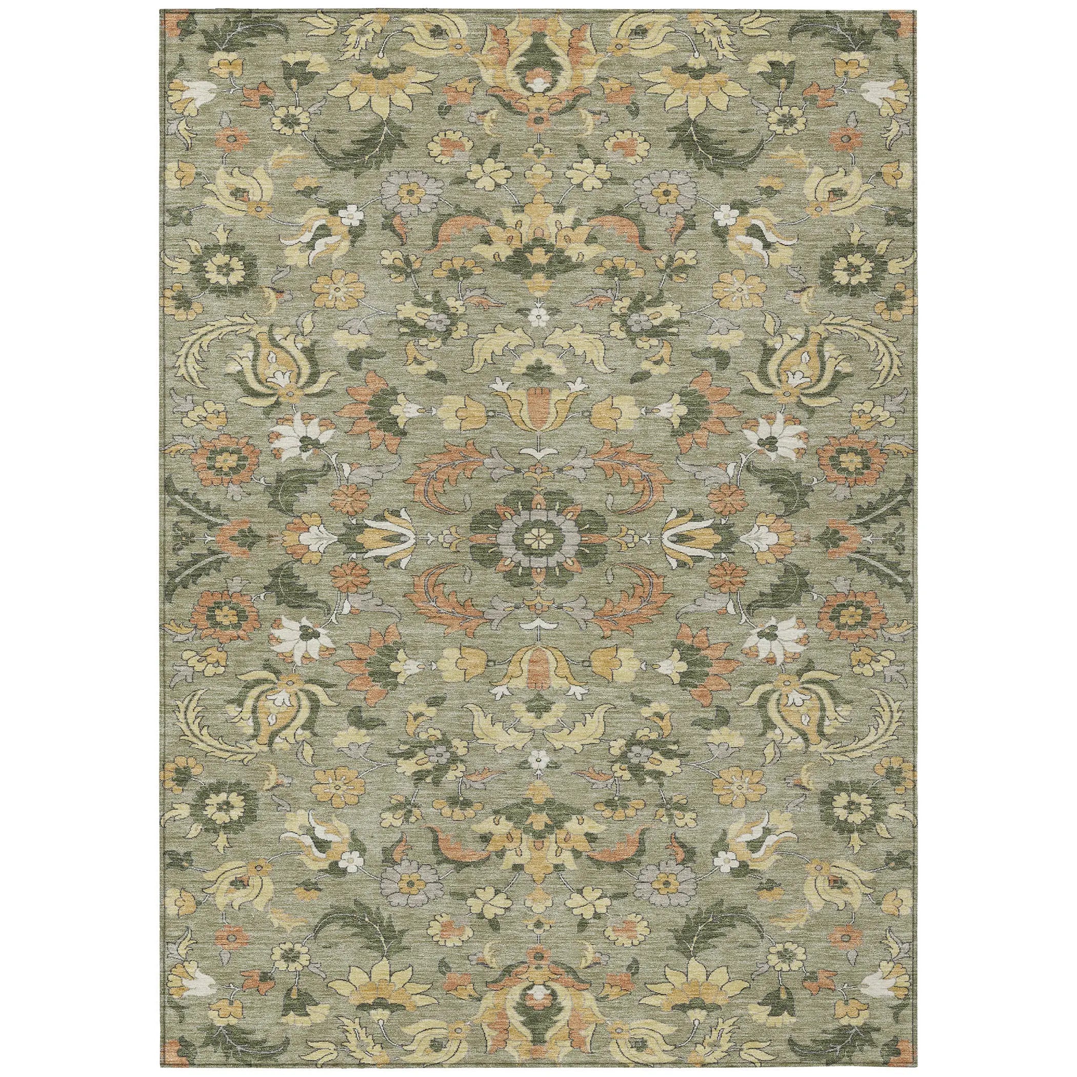 5' X 8' Sage And Olive Green Floral Medallion Washable Indoor Outdoor Area Rug Homeroots Outdoor