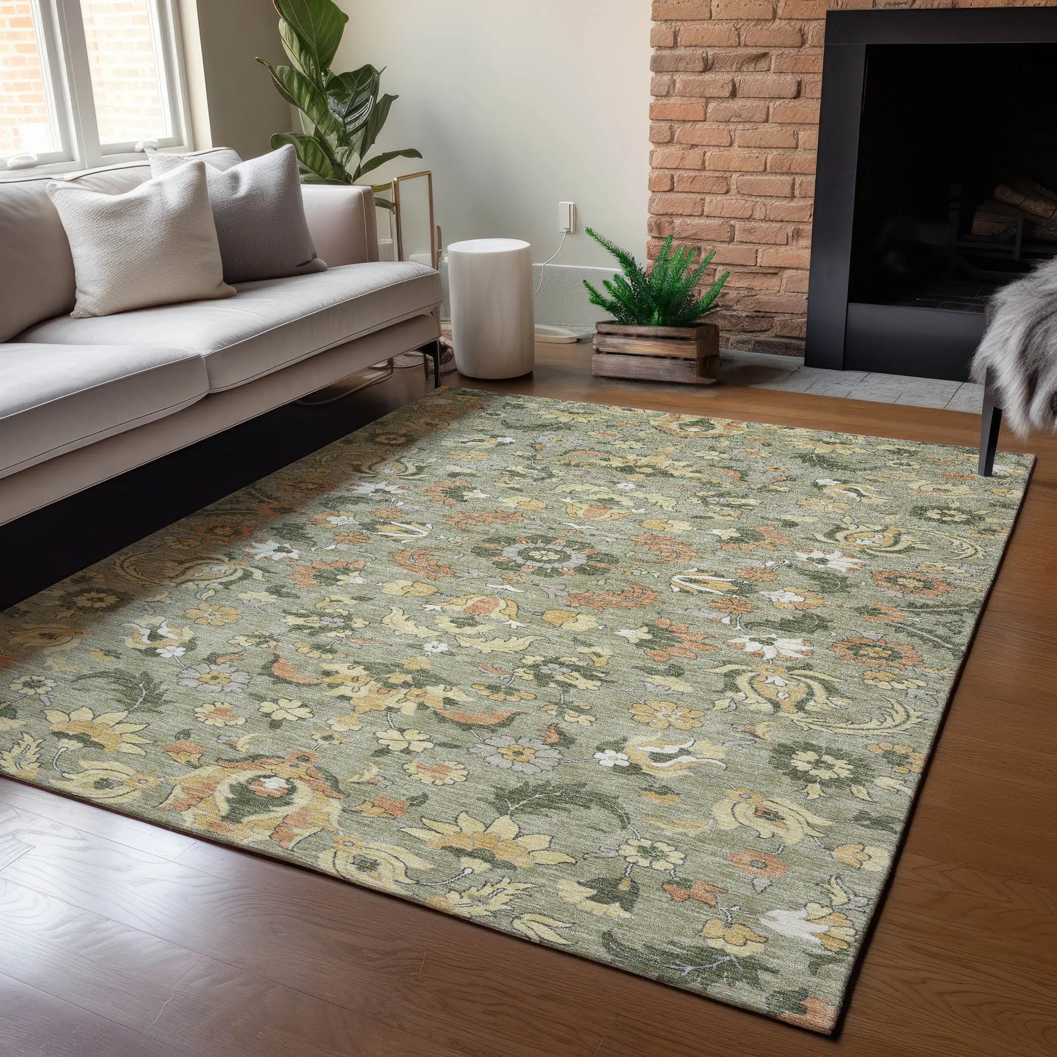 5' X 8' Sage And Olive Green Floral Medallion Washable Indoor Outdoor Area Rug Homeroots Outdoor