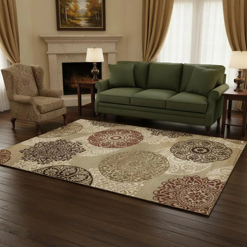 5' X 8' Sage Brown And Ivory Floral Medallion Area Rug Homeroots Home Decor