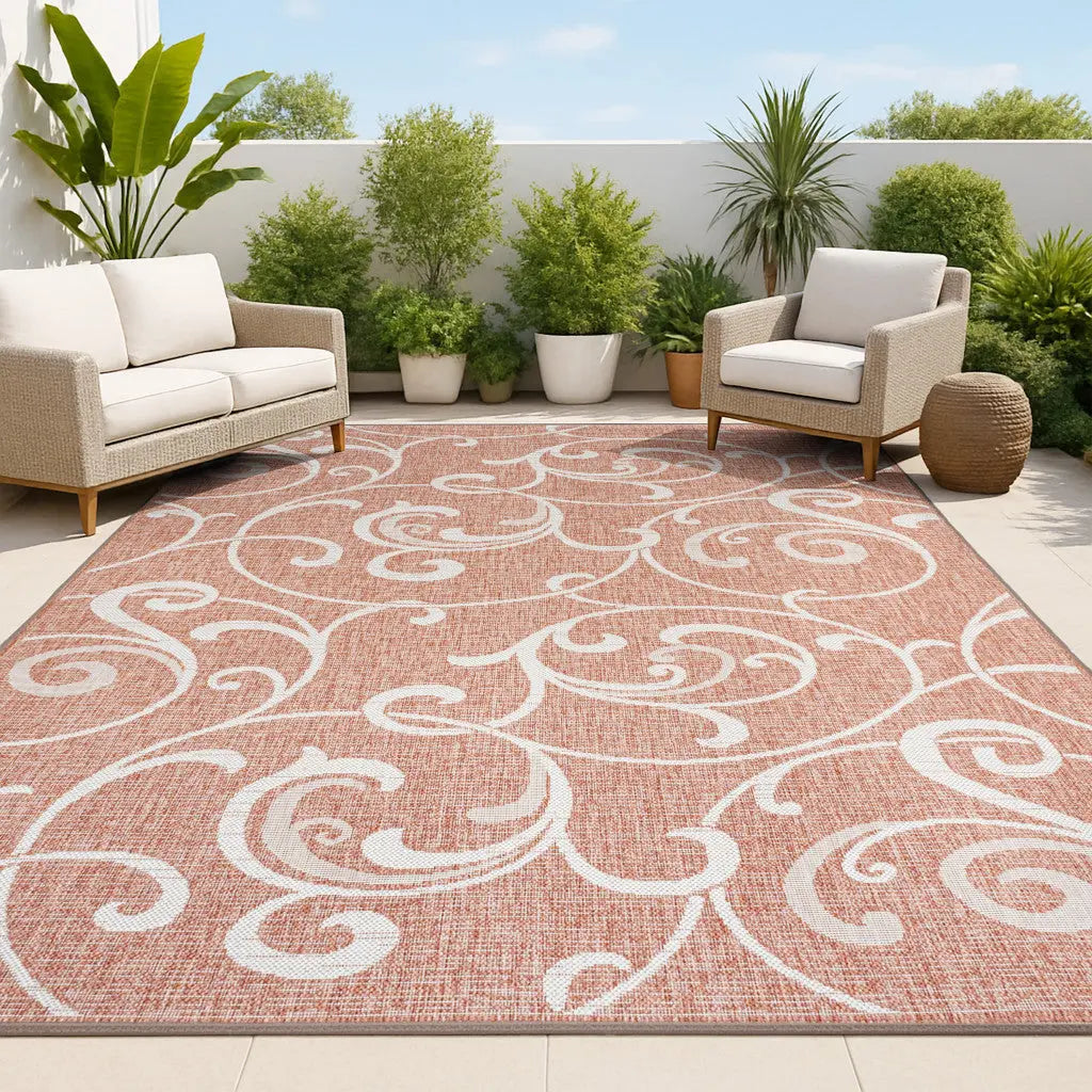 5' X 8' Salmon And Cream Floral Indoor Outdoor Area Rug - GreatEagleInc