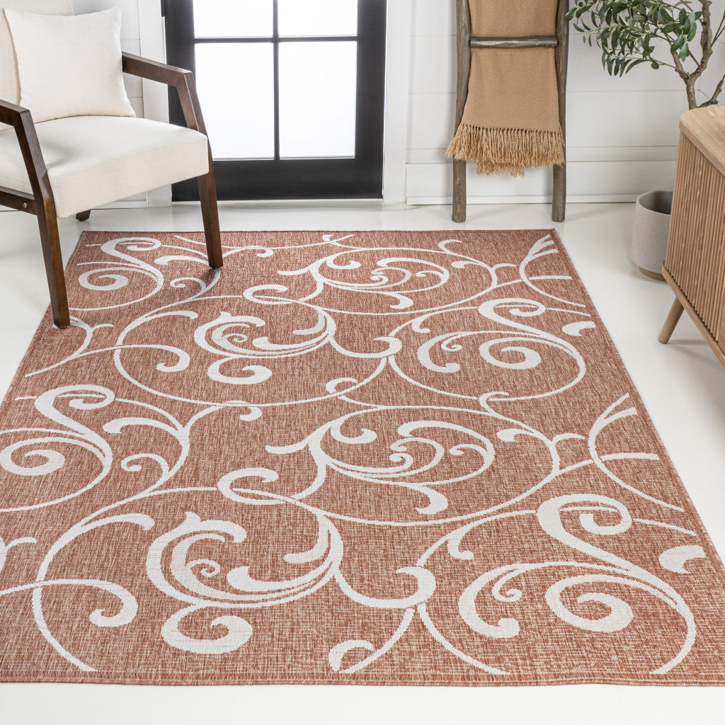 5' X 8' Salmon And Cream Floral Indoor Outdoor Area Rug - GreatEagleInc