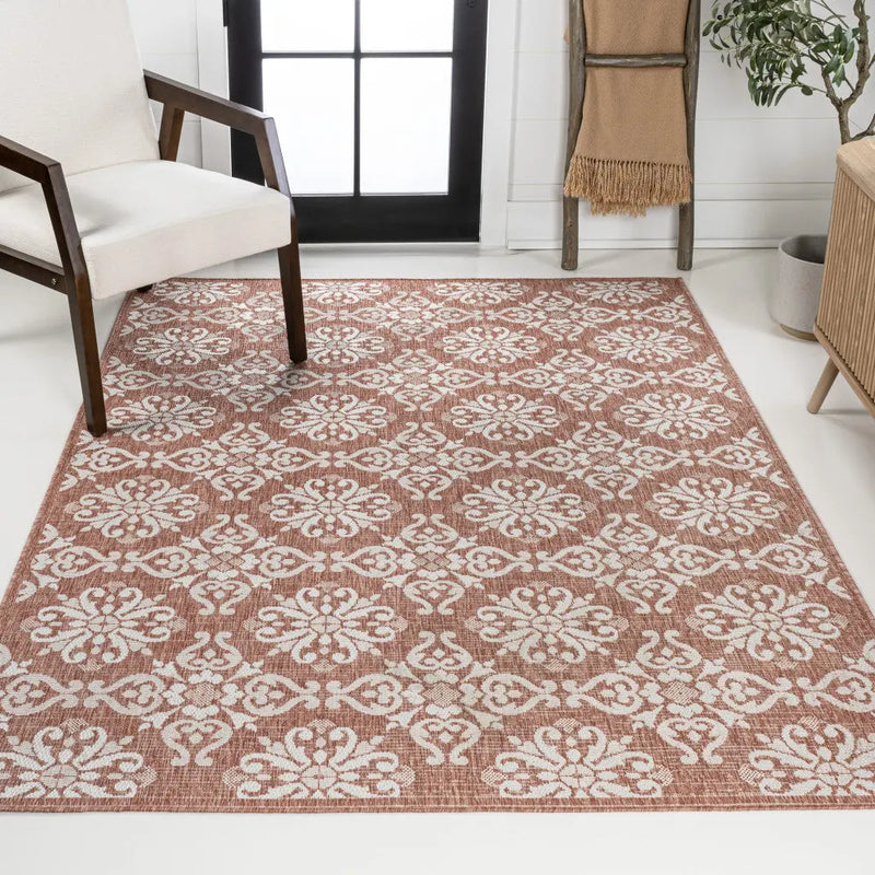 5' X 8' Salmon And Cream Floral Indoor Outdoor Area Rug Homeroots Outdoor
