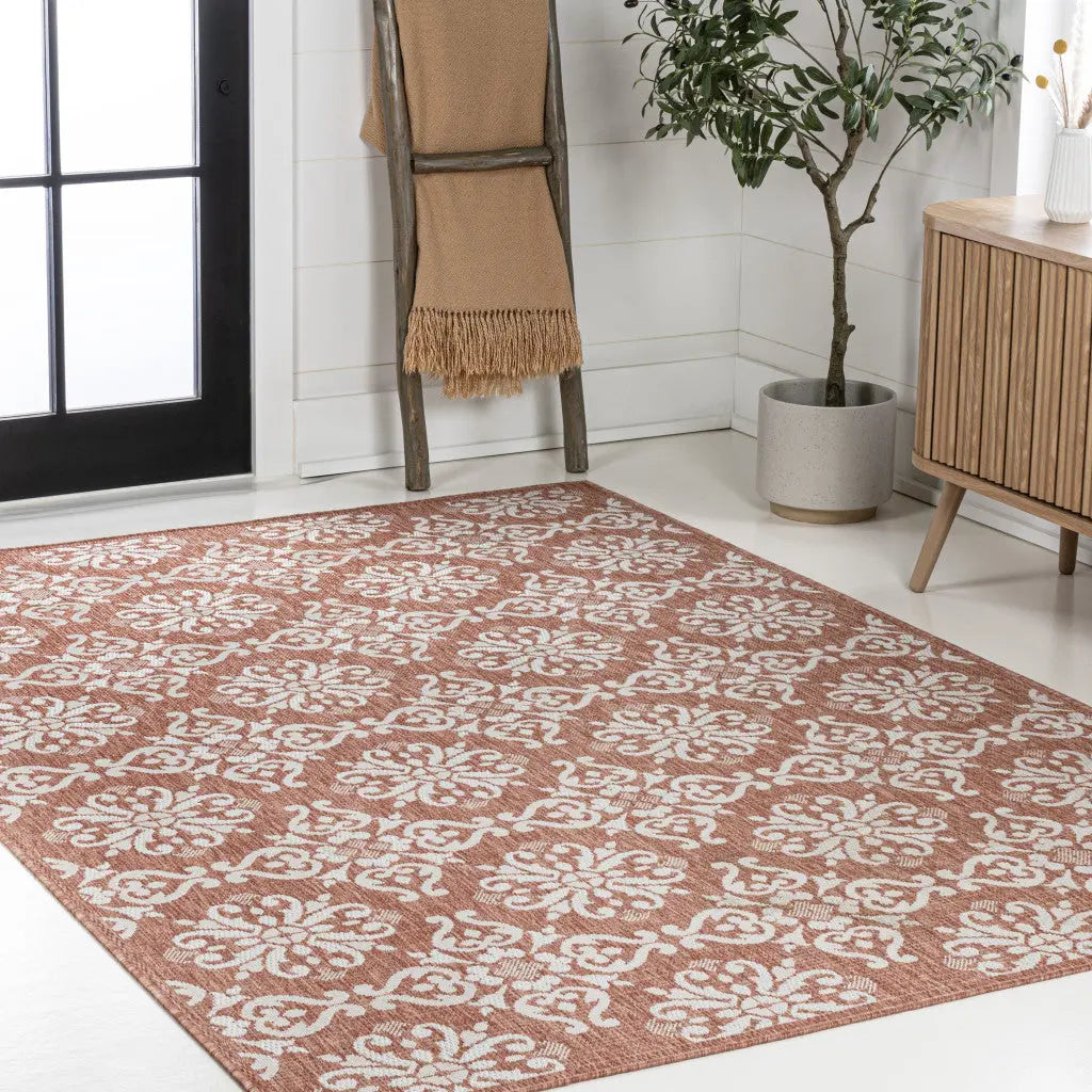 5' X 8' Salmon And Cream Floral Indoor Outdoor Area Rug Homeroots Outdoor