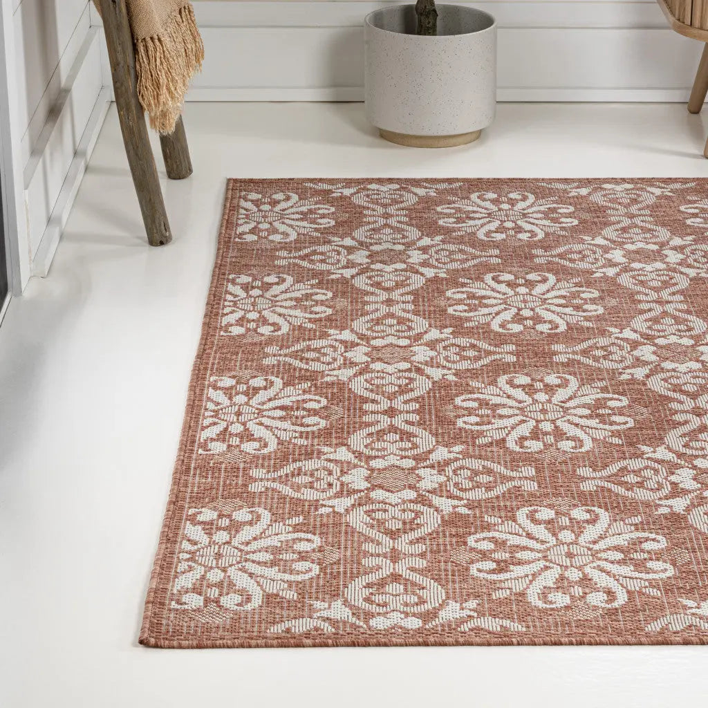 5' X 8' Salmon And Cream Floral Indoor Outdoor Area Rug Homeroots Outdoor