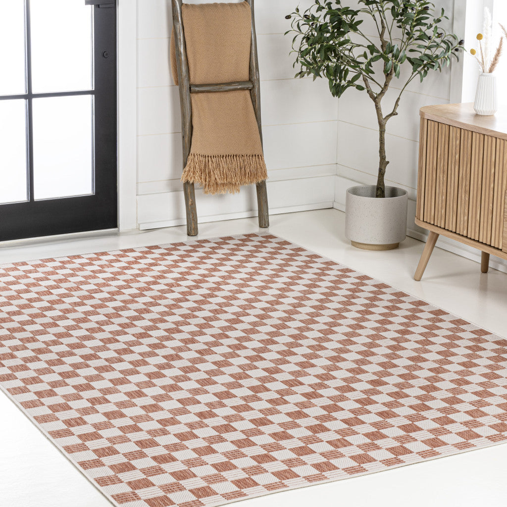 5' X 8' Salmon And Cream Geometric Indoor Outdoor Area Rug - GreatEagleInc