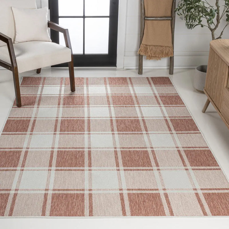 5' X 8' Salmon And Cream Gingham Indoor Outdoor Area Rug - GreatEagleInc