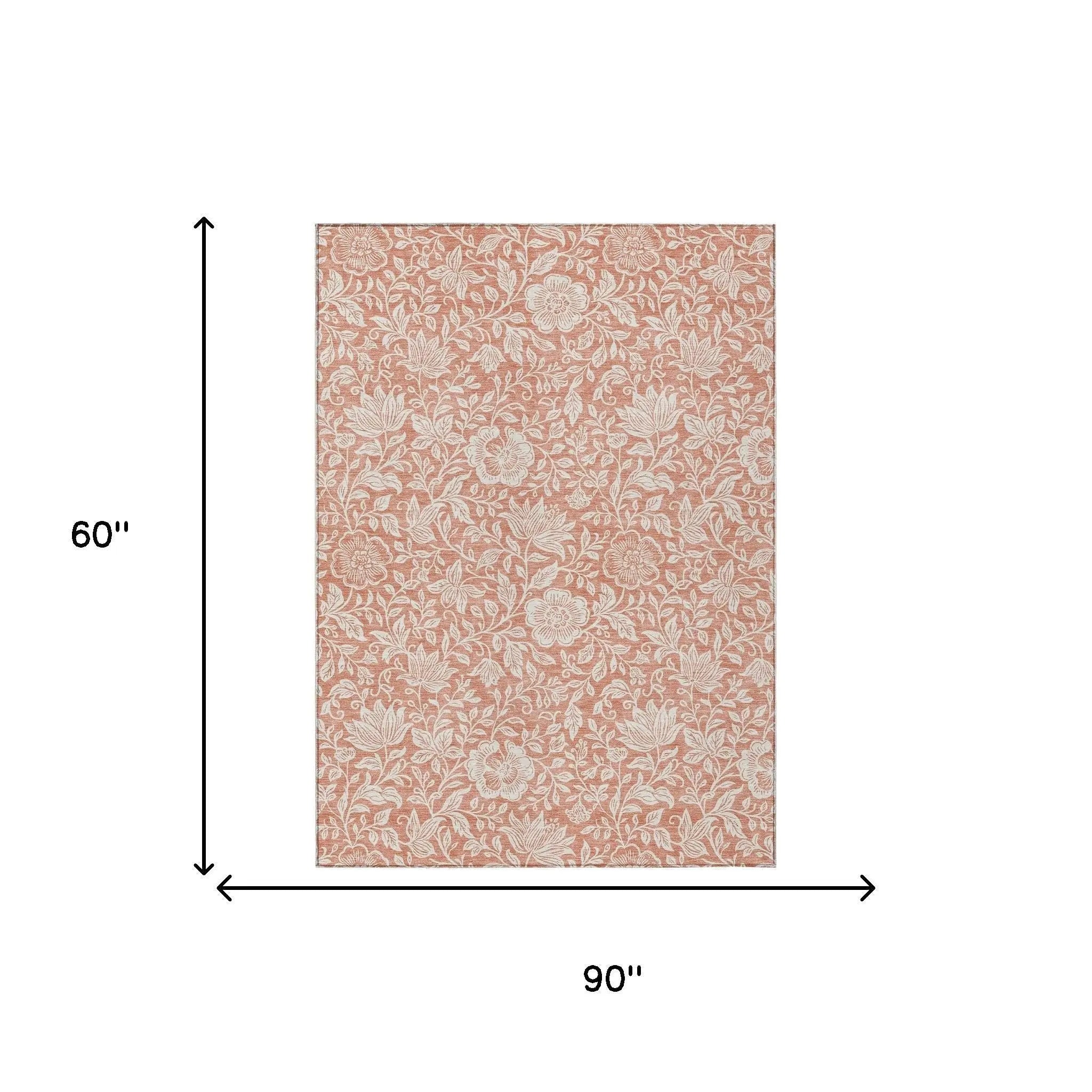 5' X 8' Salmon And Ivory Floral Washable Indoor Outdoor Area Rug Homeroots Outdoor