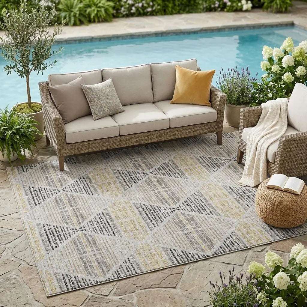 5' X 8' Silver And Beige Geometric Washable Indoor Outdoor Area Rug Homeroots Outdoor