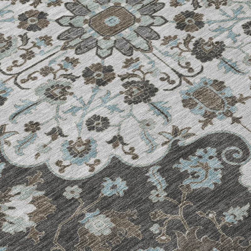 5' X 8' Silver And Charcoal Floral Medallion Washable Indoor Outdoor Area Rug Homeroots Outdoor