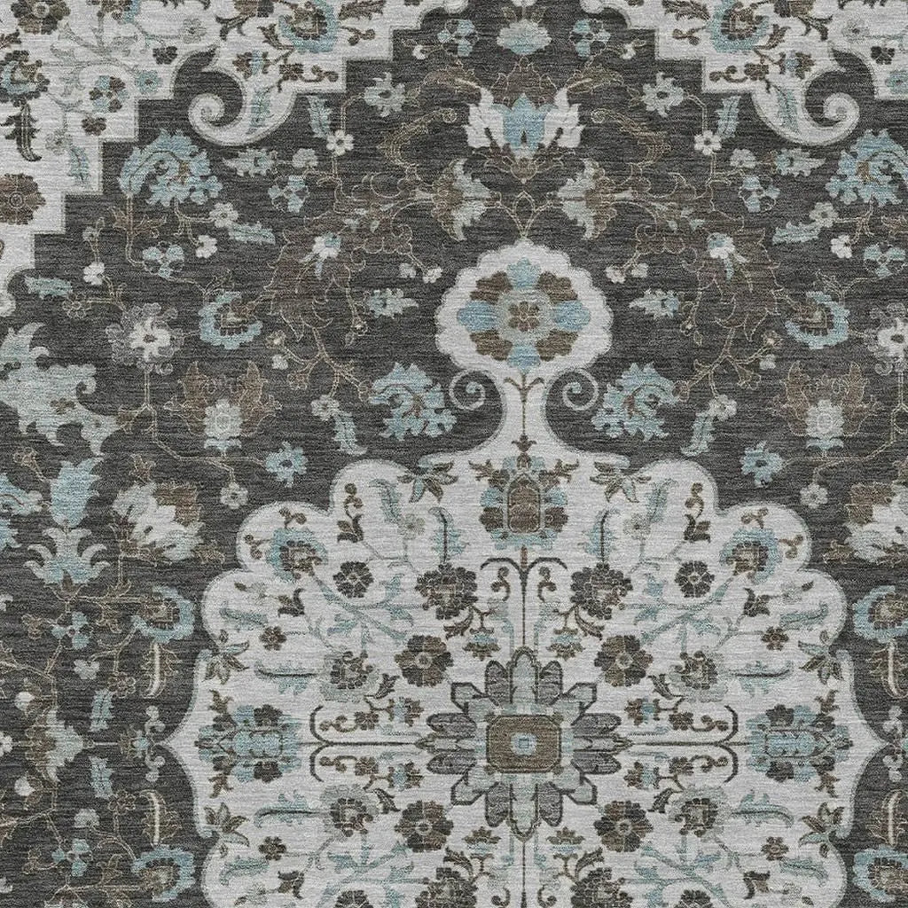 5' X 8' Silver And Charcoal Floral Medallion Washable Indoor Outdoor Area Rug Homeroots Outdoor