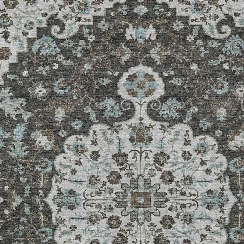 5' X 8' Silver And Charcoal Floral Medallion Washable Indoor Outdoor Area Rug Homeroots Outdoor