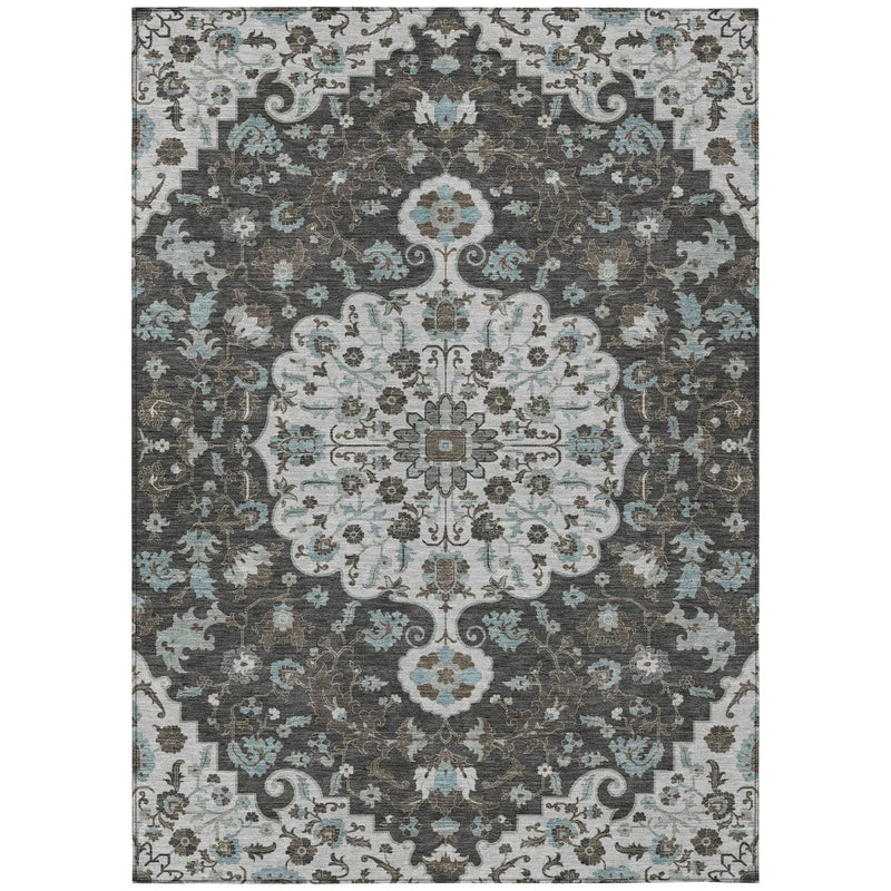 5' X 8' Silver And Charcoal Floral Medallion Washable Indoor Outdoor Area Rug Homeroots Outdoor