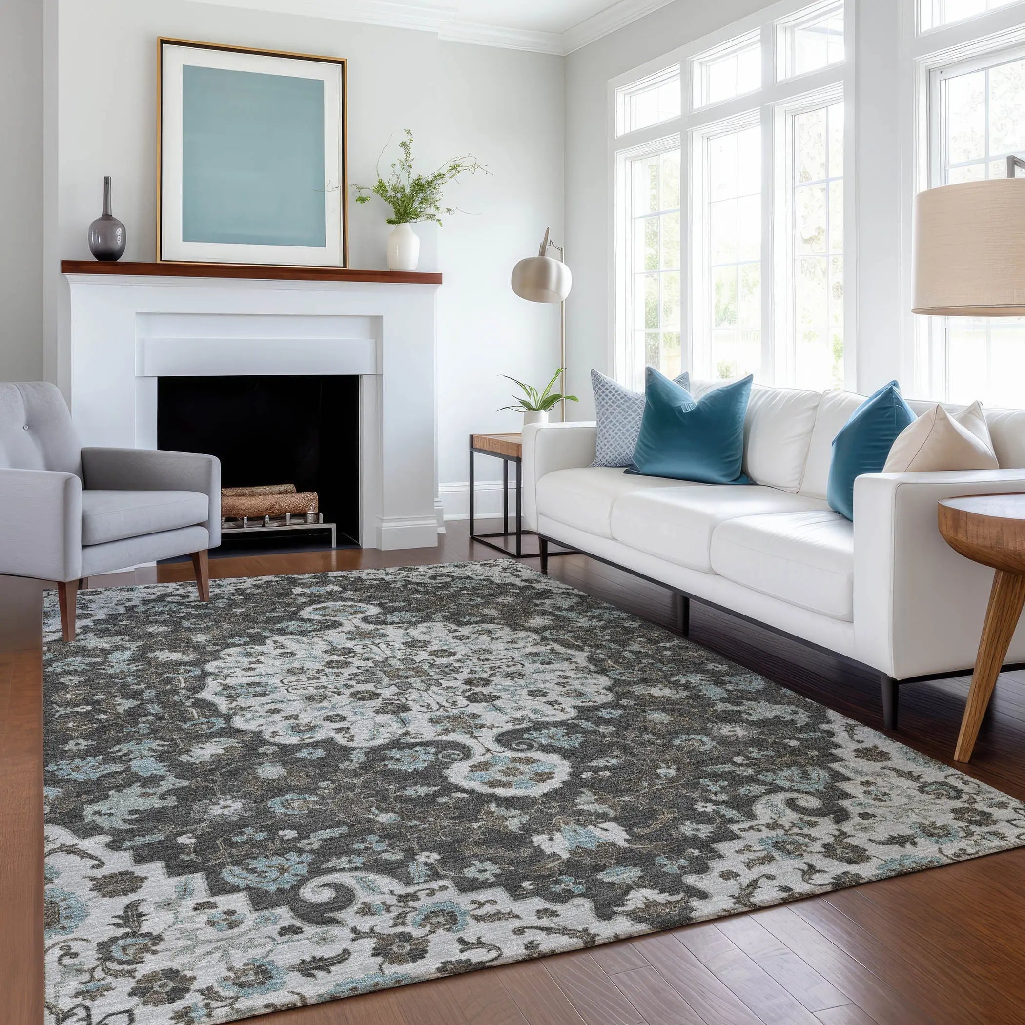 5' X 8' Silver And Charcoal Floral Medallion Washable Indoor Outdoor Area Rug Homeroots Outdoor
