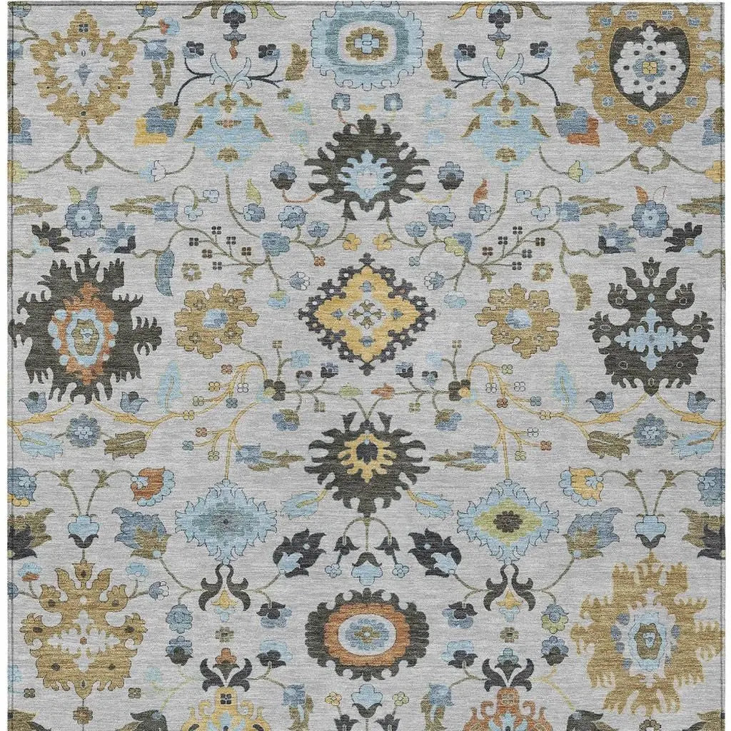 5' X 8' Silver And Charcoal Floral Medallion Washable Indoor Outdoor Area Rug Homeroots Outdoor