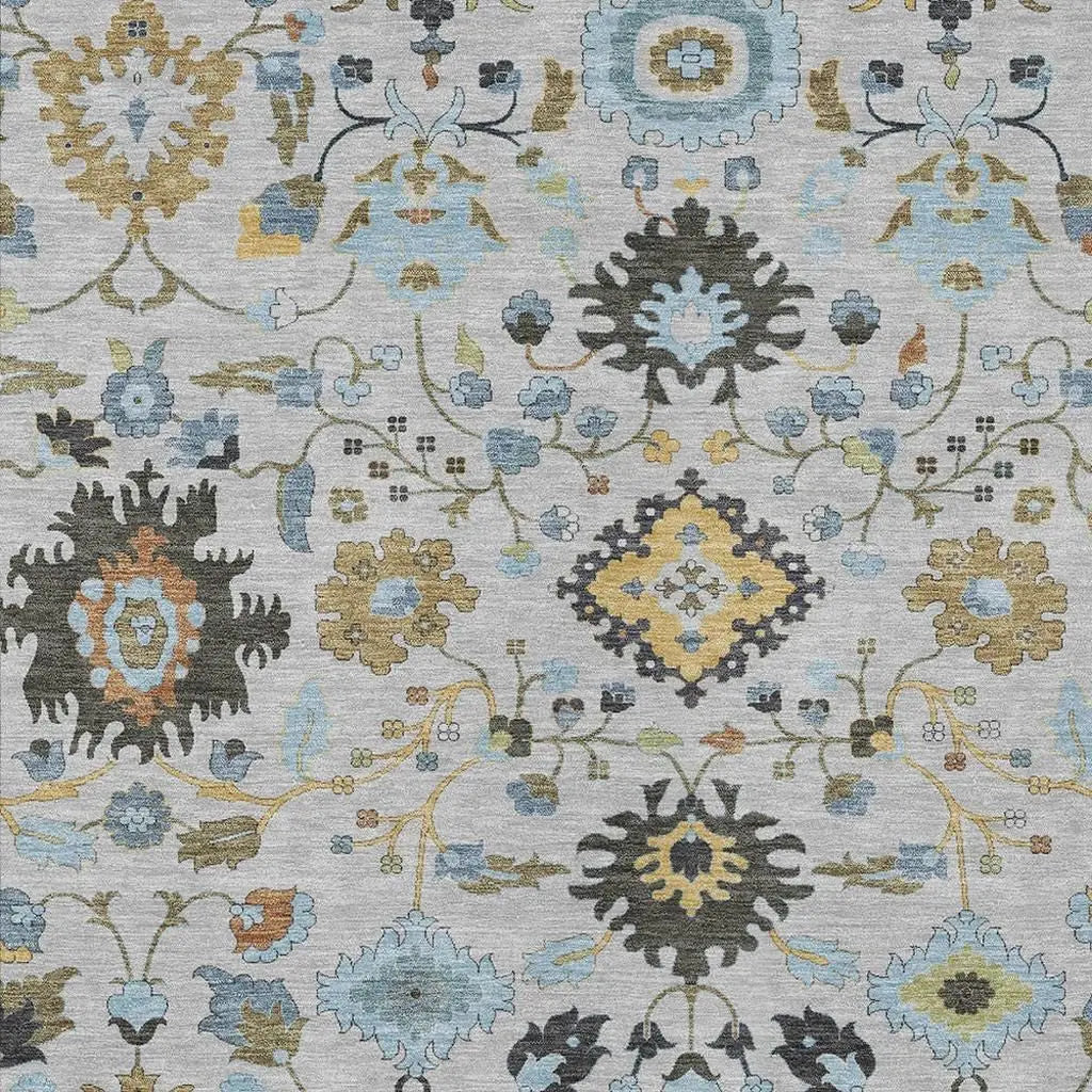 5' X 8' Silver And Charcoal Floral Medallion Washable Indoor Outdoor Area Rug Homeroots Outdoor