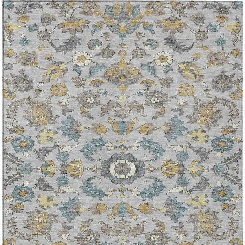 5' X 8' Silver And Gray Floral Medallion Washable Indoor Outdoor Area Rug Homeroots Outdoor
