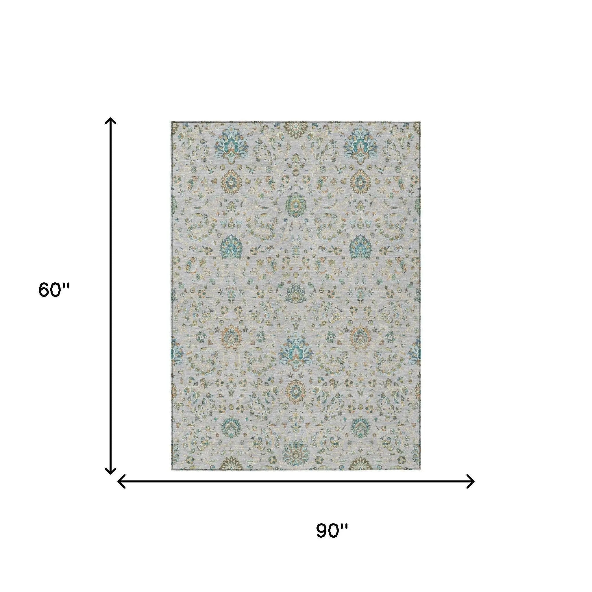 5' X 8' Silver And Gray Floral Washable Indoor Outdoor Area Rug Homeroots Outdoor