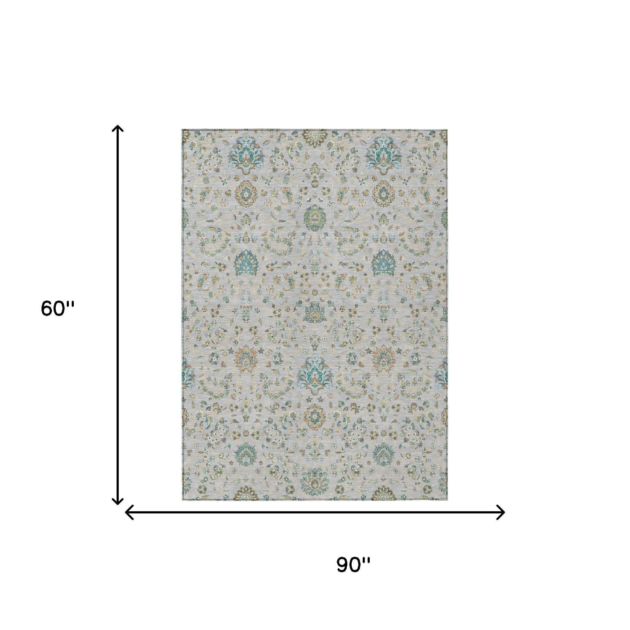 5' X 8' Silver And Gray Floral Washable Indoor Outdoor Area Rug Homeroots Outdoor