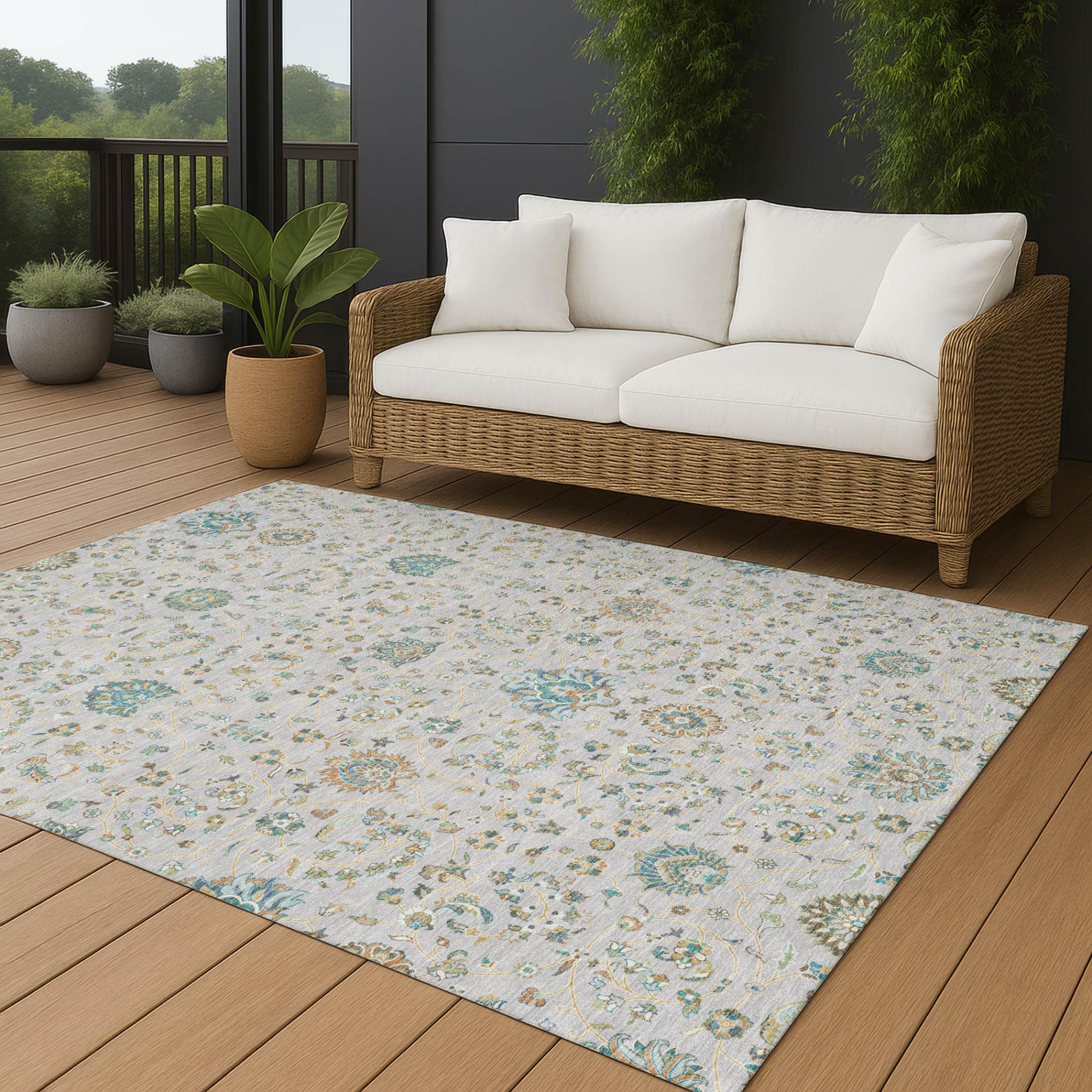 5' X 8' Silver And Gray Floral Washable Indoor Outdoor Area Rug Homeroots Outdoor