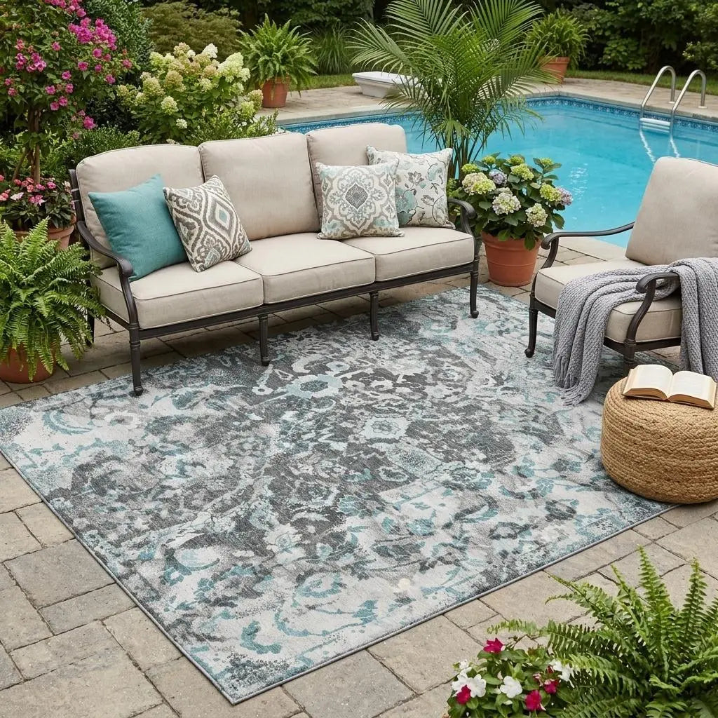 5' X 8' Silver And Gray Floral Washable Indoor Outdoor Area Rug Homeroots Outdoor