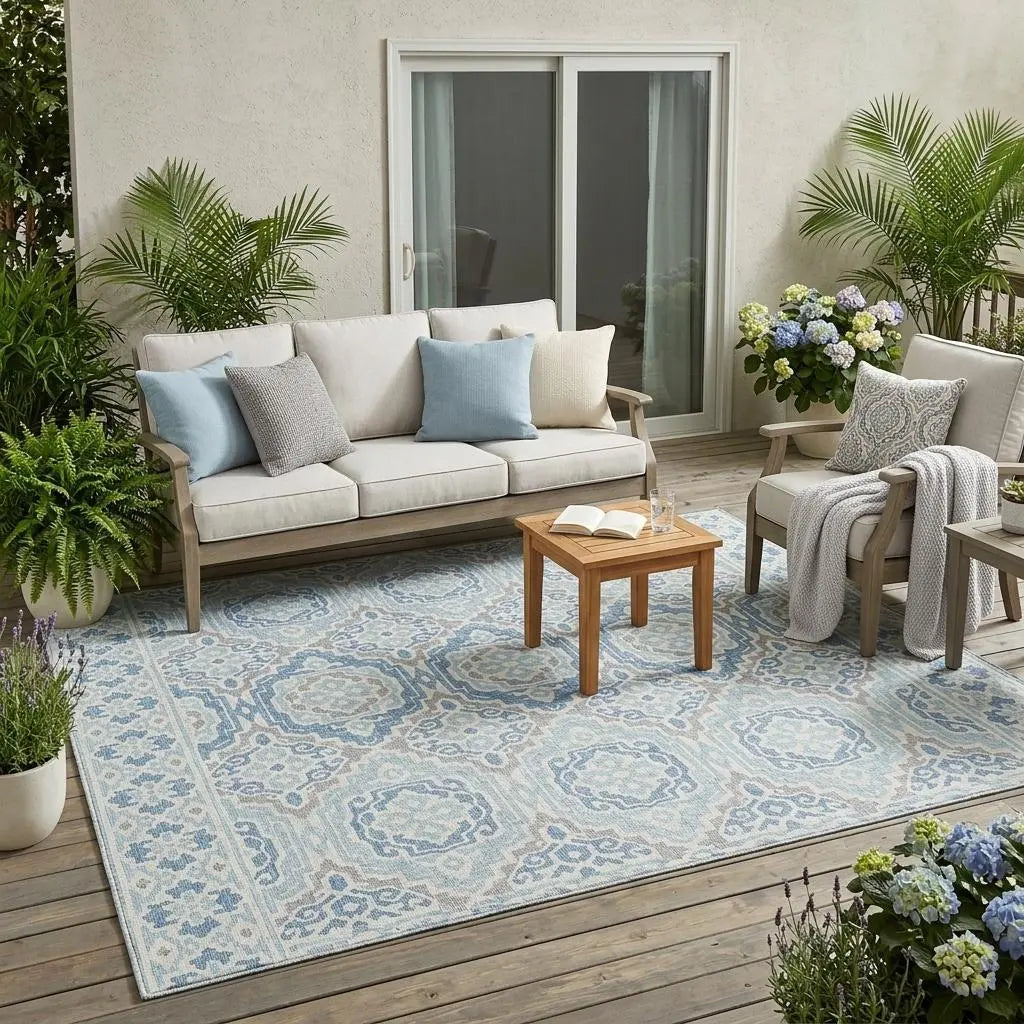 5' X 8' Sky Blue And Beige Tribal Washable Indoor Outdoor Area Rug Homeroots Outdoor