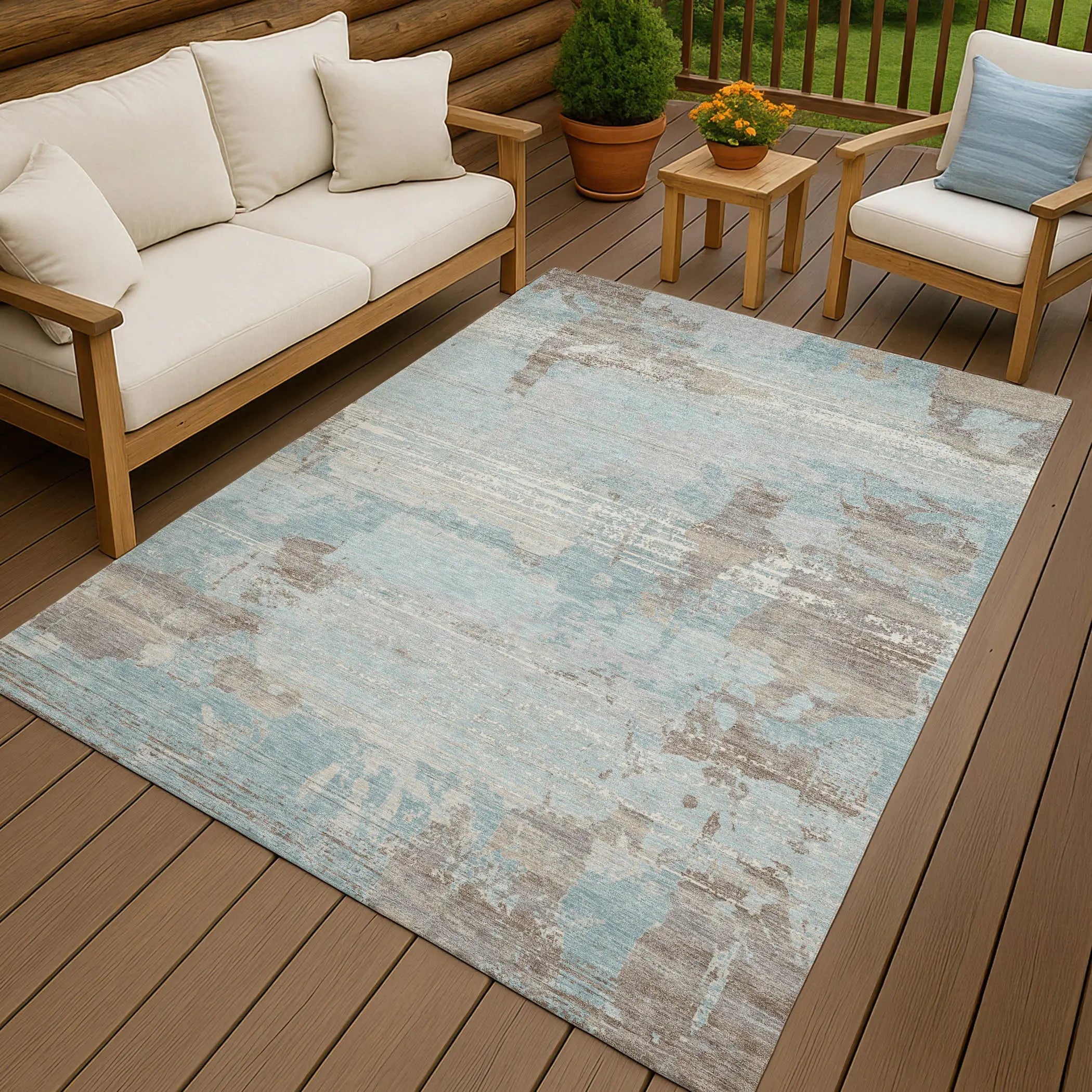 5' X 8' Sky Blue And Blue Abstract Washable Indoor Outdoor Area Rug Homeroots Outdoor