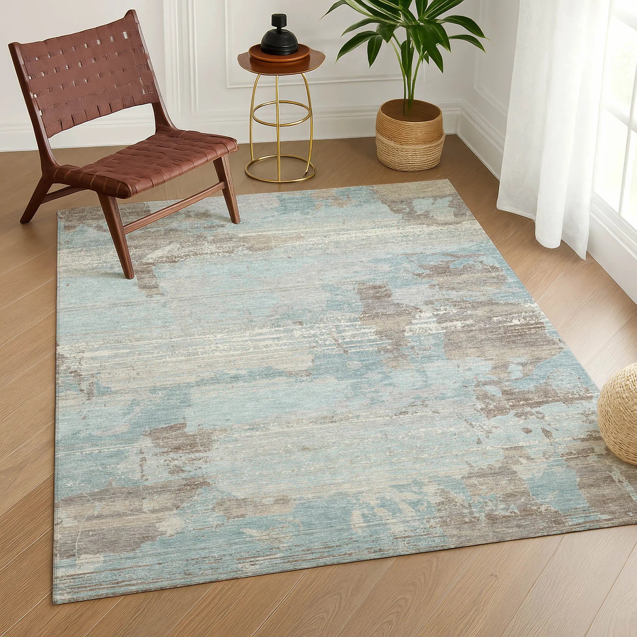 5' X 8' Sky Blue And Blue Abstract Washable Indoor Outdoor Area Rug Homeroots Outdoor