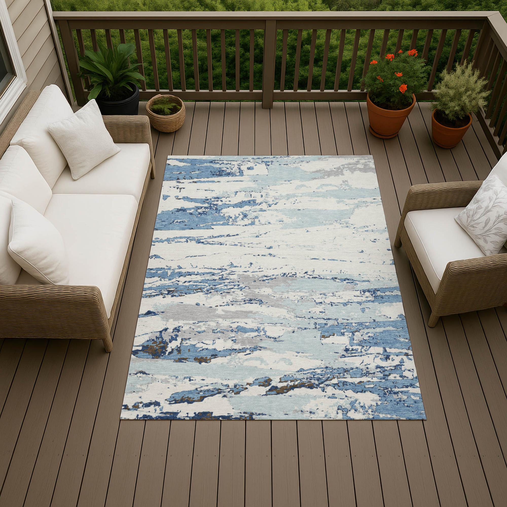 5' X 8' Sky Blue And Blue Abstract Washable Indoor Outdoor Area Rug Homeroots Outdoor