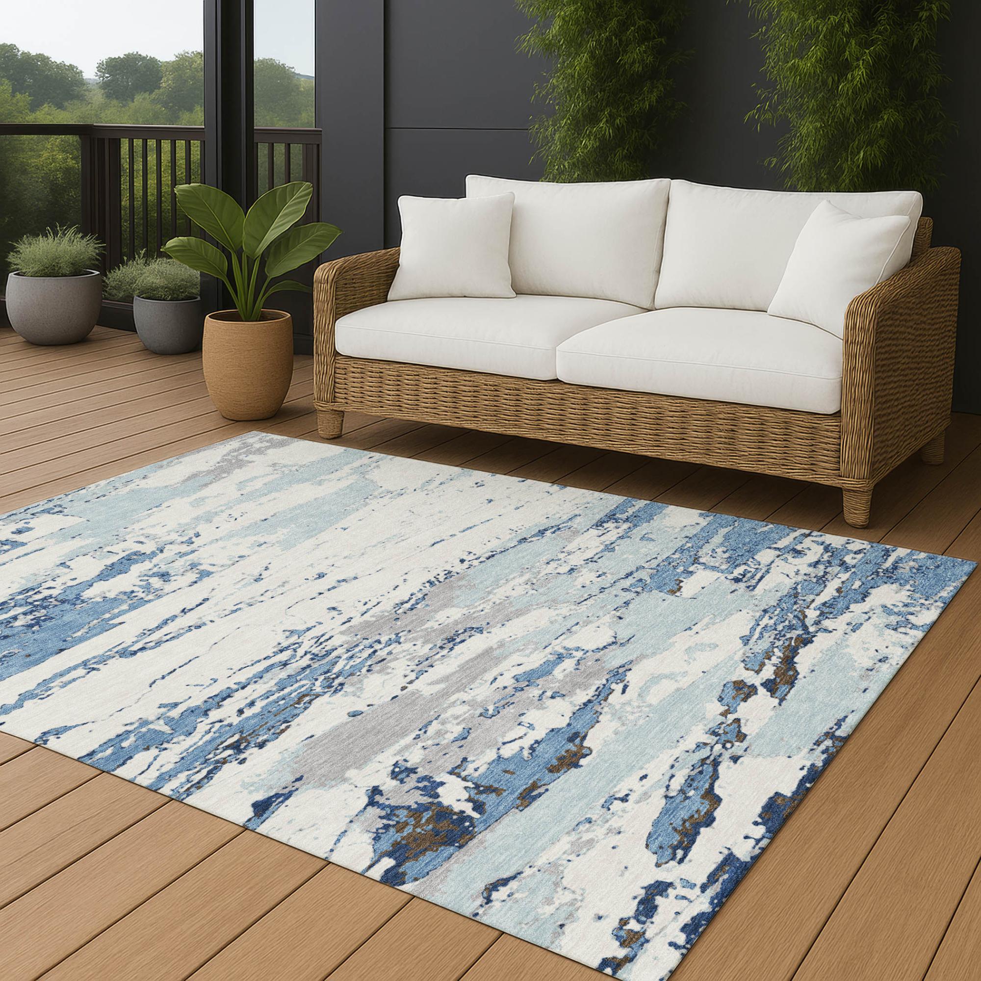 5' X 8' Sky Blue And Blue Abstract Washable Indoor Outdoor Area Rug Homeroots Outdoor