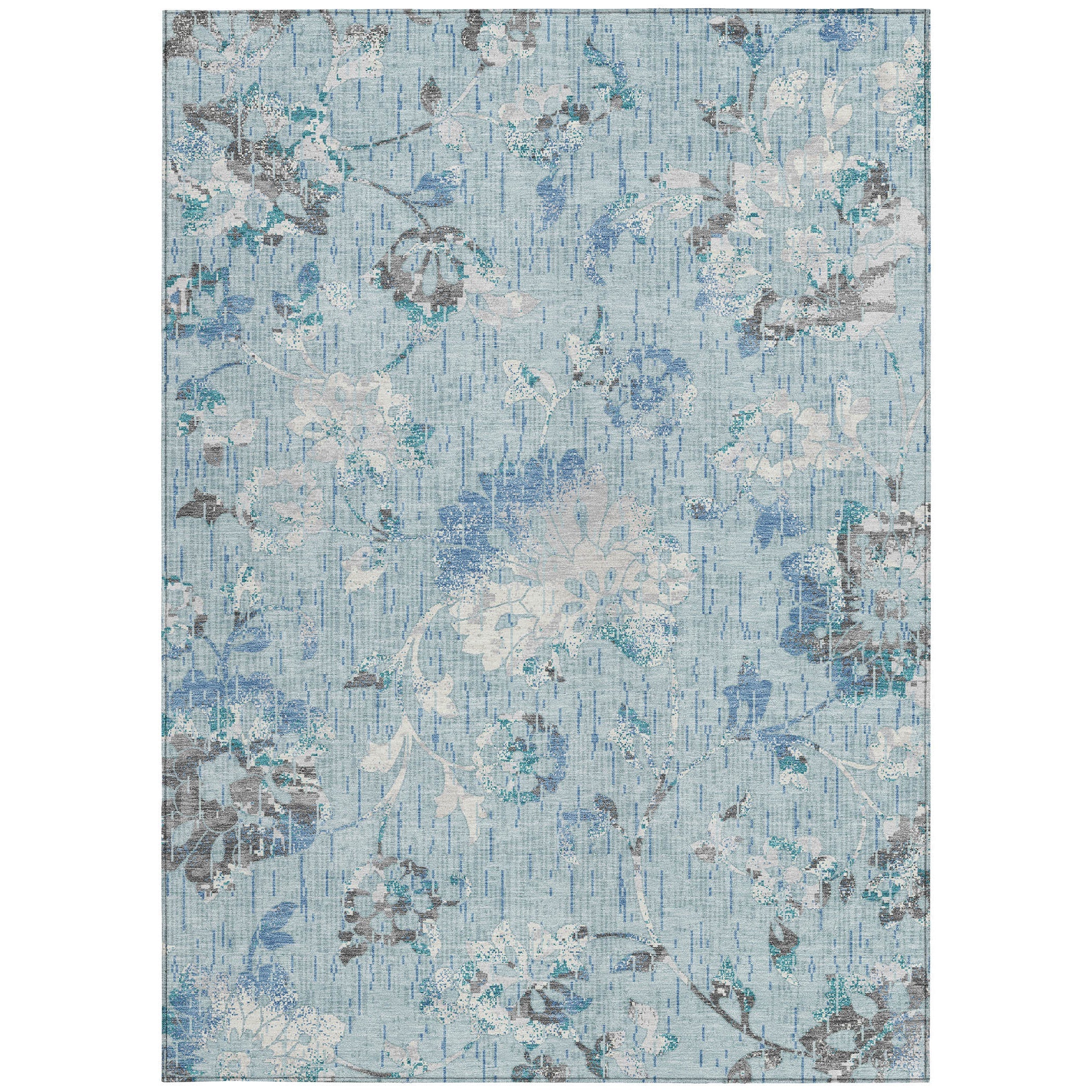 5' X 8' Sky Blue And Blue Floral Washable Indoor Outdoor Area Rug Homeroots Outdoor